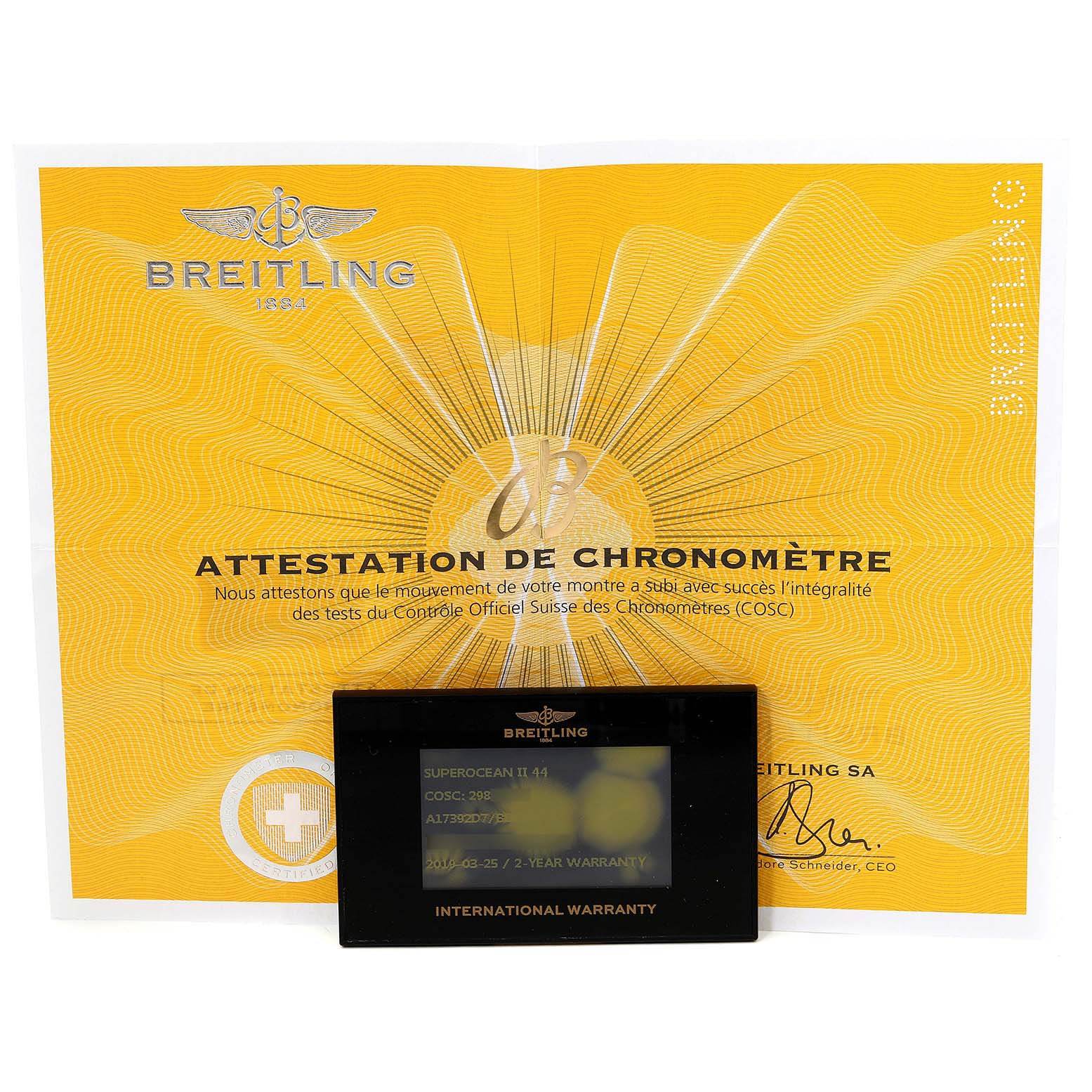 The image shows the certification and international warranty card for the Breitling Superocean A17392D8/C910 Men's Stainless Steel Black Dial A17392D8/C910 Men's Stainless Steel Black Dial watch.