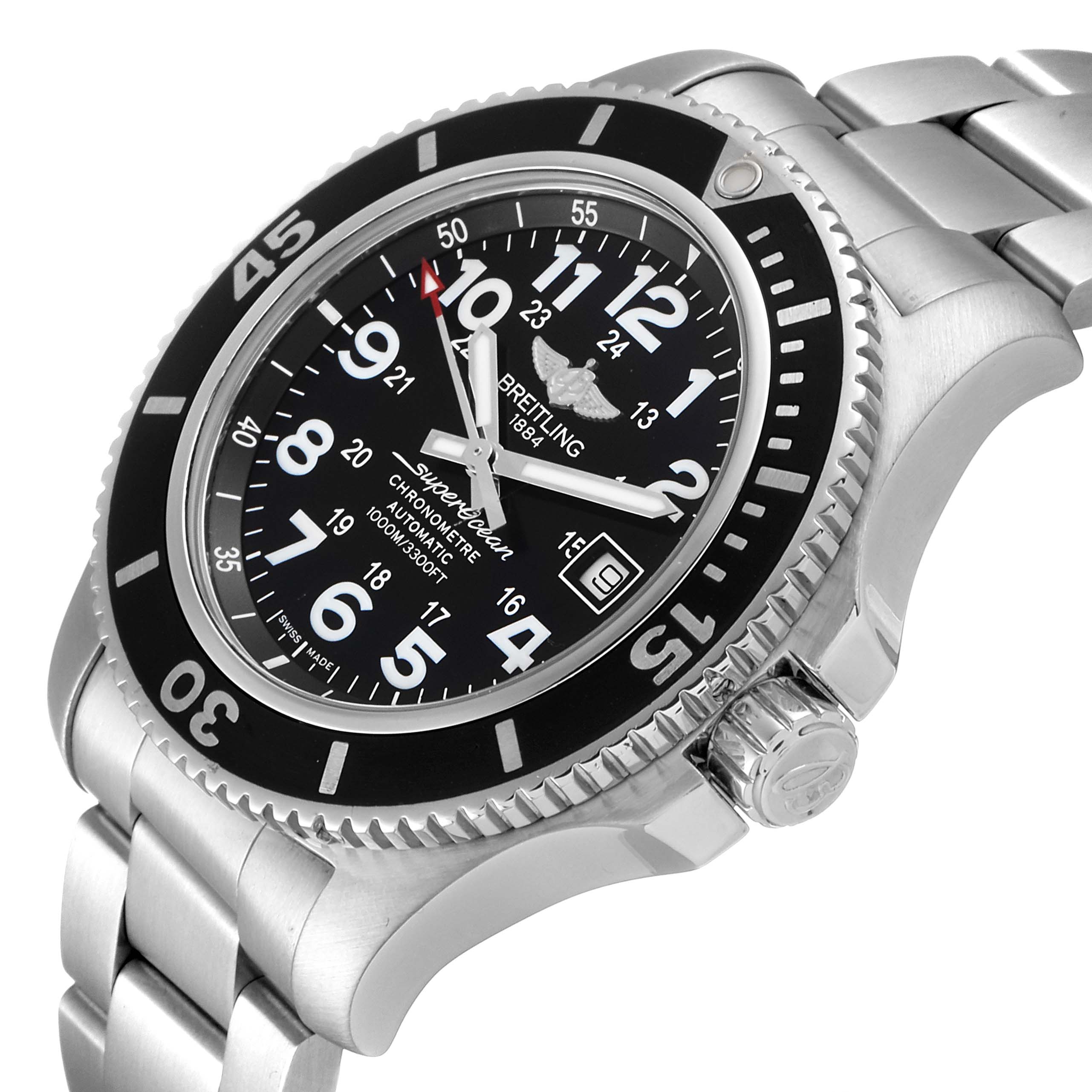 The Breitling Superocean A17392D8/C910 Men's Stainless Steel Black Dial A17392D8/C910 Men's Stainless Steel Black Dial watch is shown at an angled side view, highlighting its face, bezel, and stainless steel bracelet.