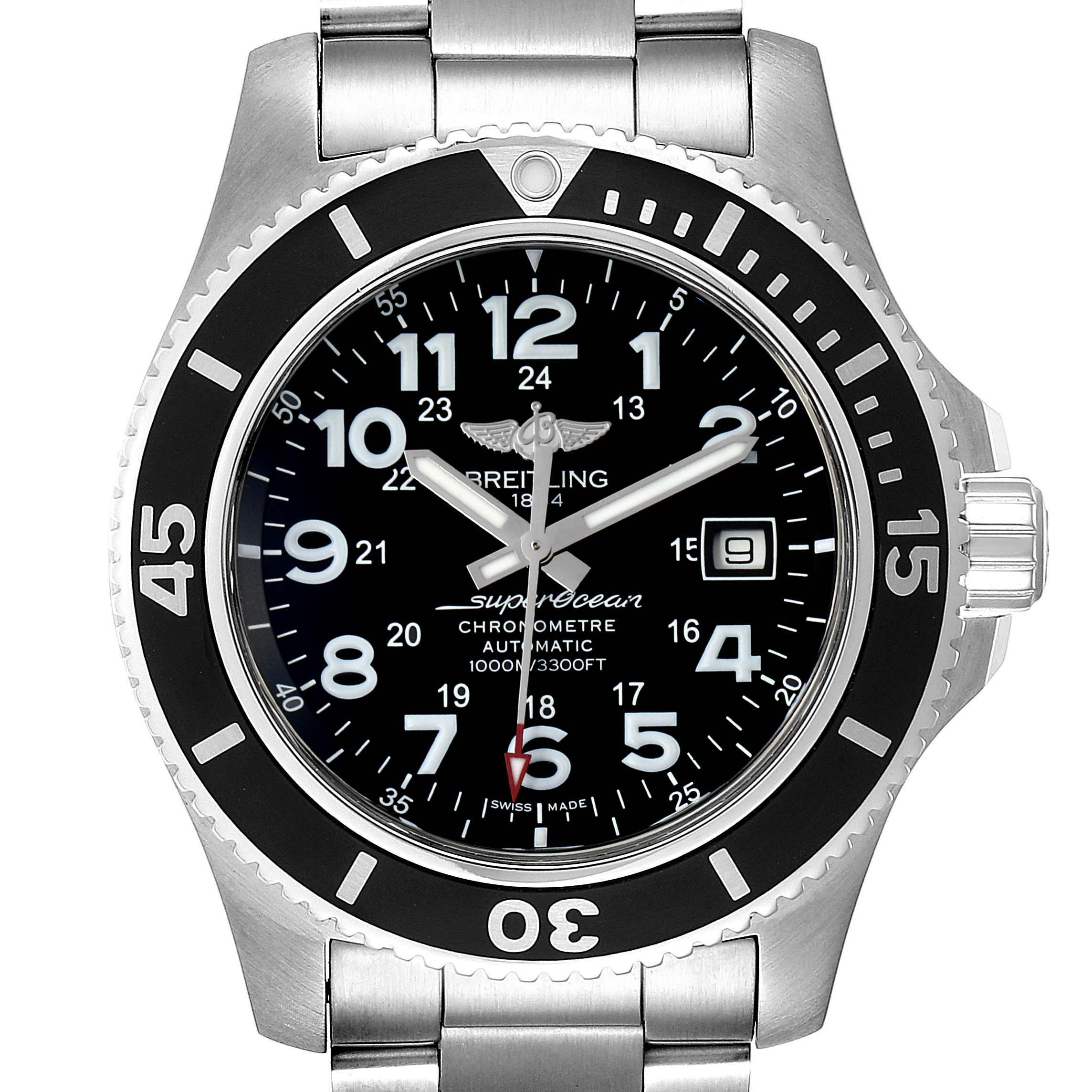 This image shows a front view of a Breitling Superocean A17392D8/C910 Men's Stainless Steel Black Dial A17392D8/C910 Men's Stainless Steel Black Dial watch, highlighting its black dial, rotating bezel, and stainless steel bracelet.