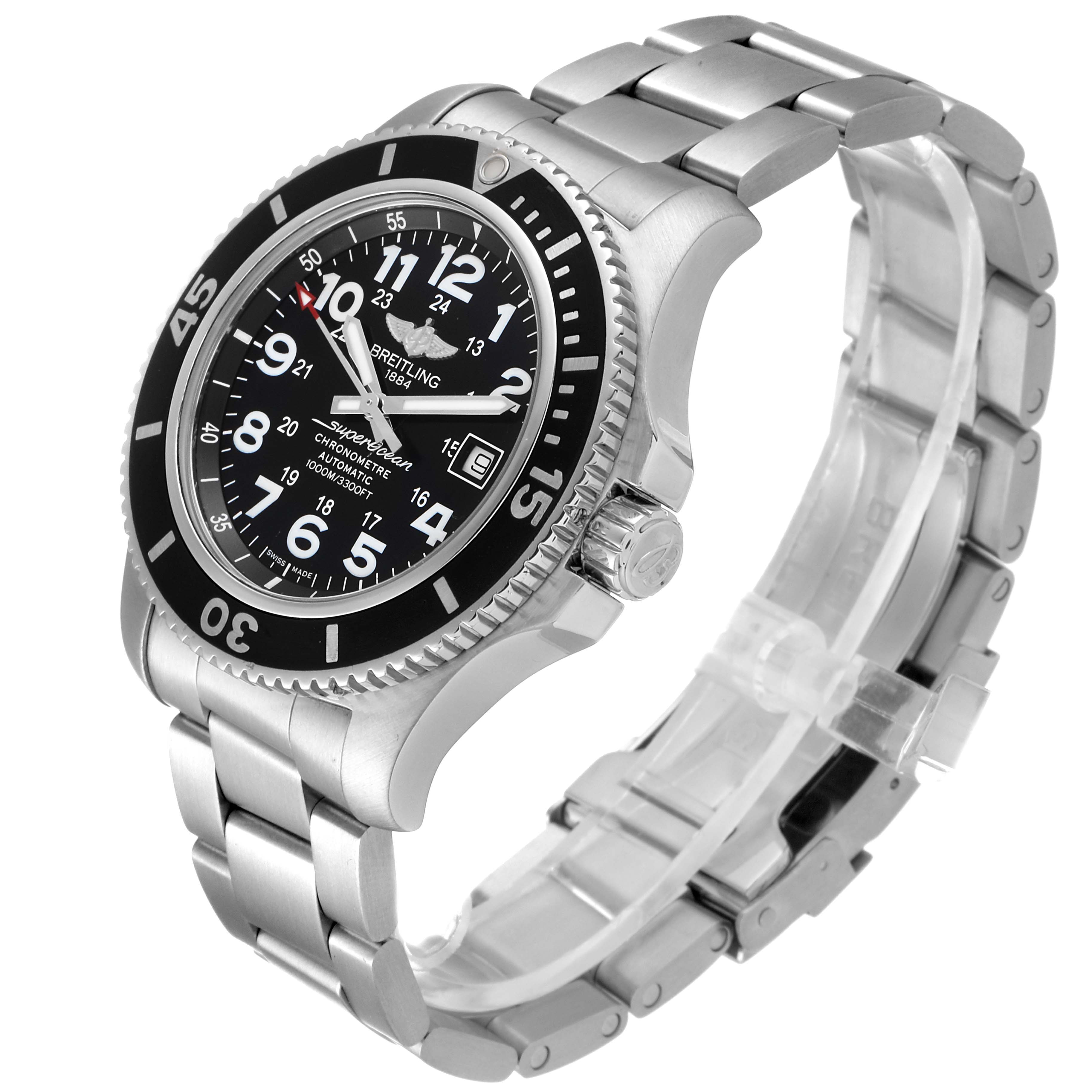 The image shows a Breitling Superocean A17392D8/C910 Men's Stainless Steel Black Dial A17392D8/C910 Men's Stainless Steel Black Dial watch at a slight side angle, highlighting the black dial, bezel, and metal bracelet.