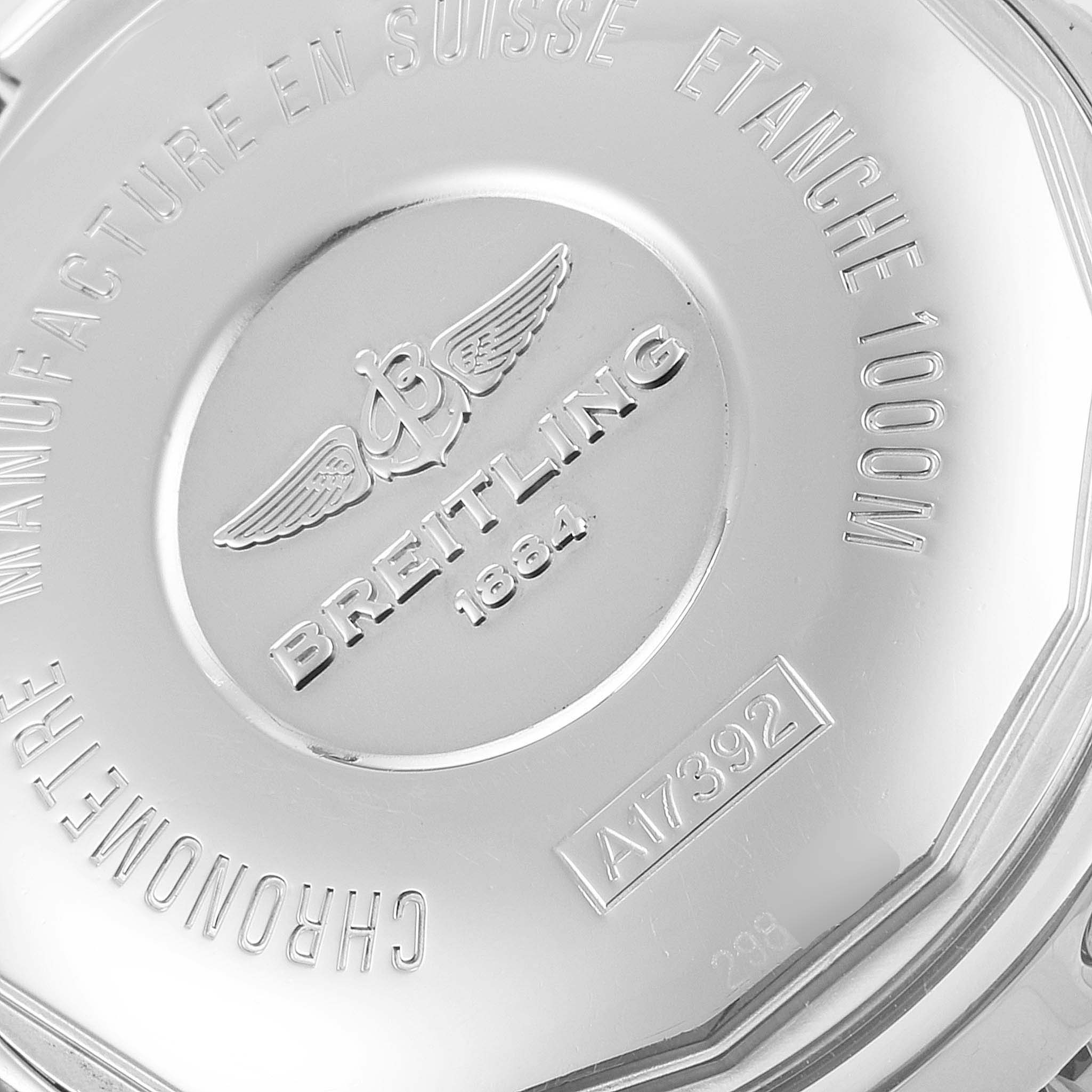 The image shows the back case of a Breitling Superocean A17392D8/C910 Men's Stainless Steel Black Dial A17392D8/C910 Men's Stainless Steel Black Dial watch, highlighting the brand logo, model number, and other inscriptions.