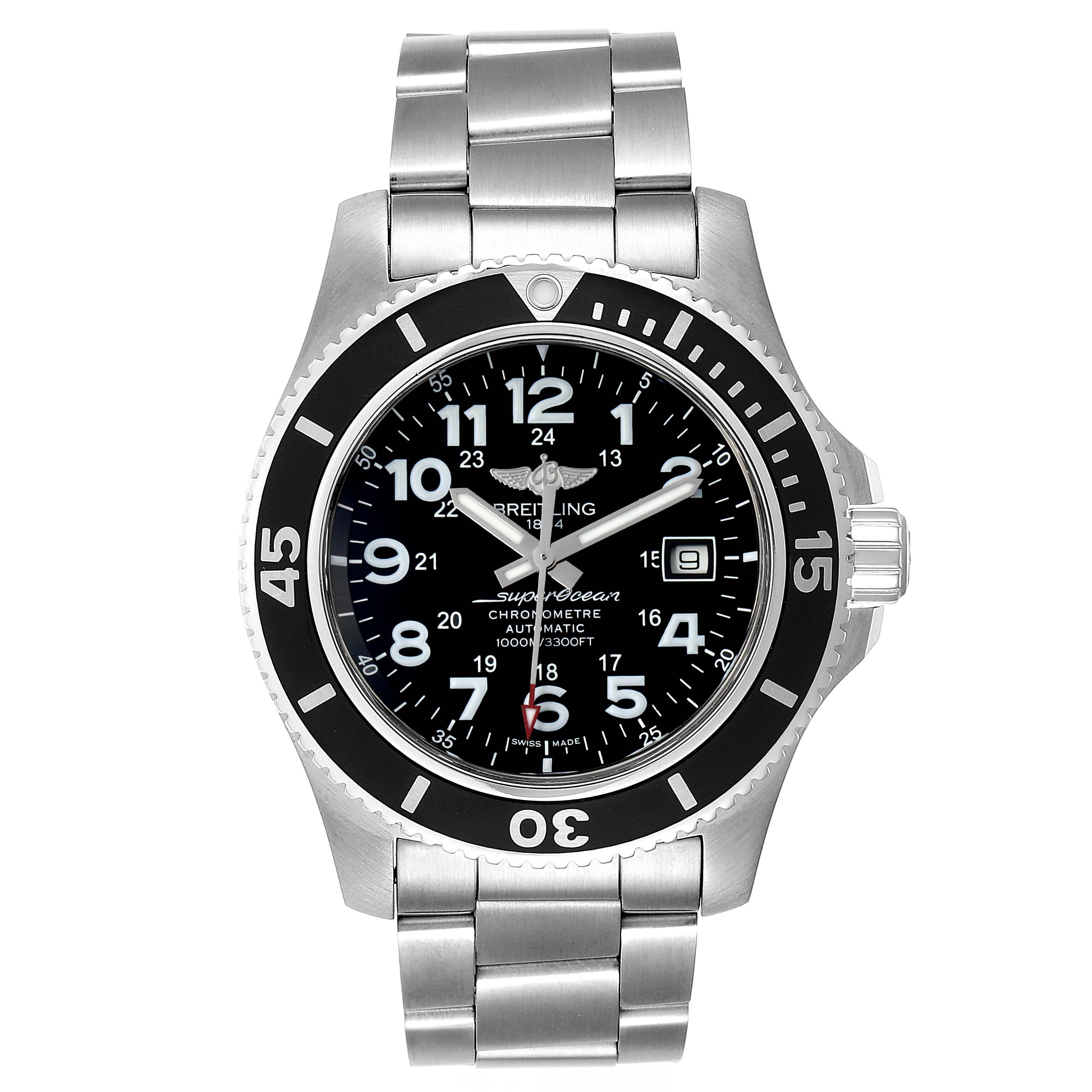 The image shows a front view of a Breitling Superocean A17392D8/C910 Men's Stainless Steel Black Dial A17392D8/C910 Men's Stainless Steel Black Dial watch with a stainless steel bracelet and black dial.
