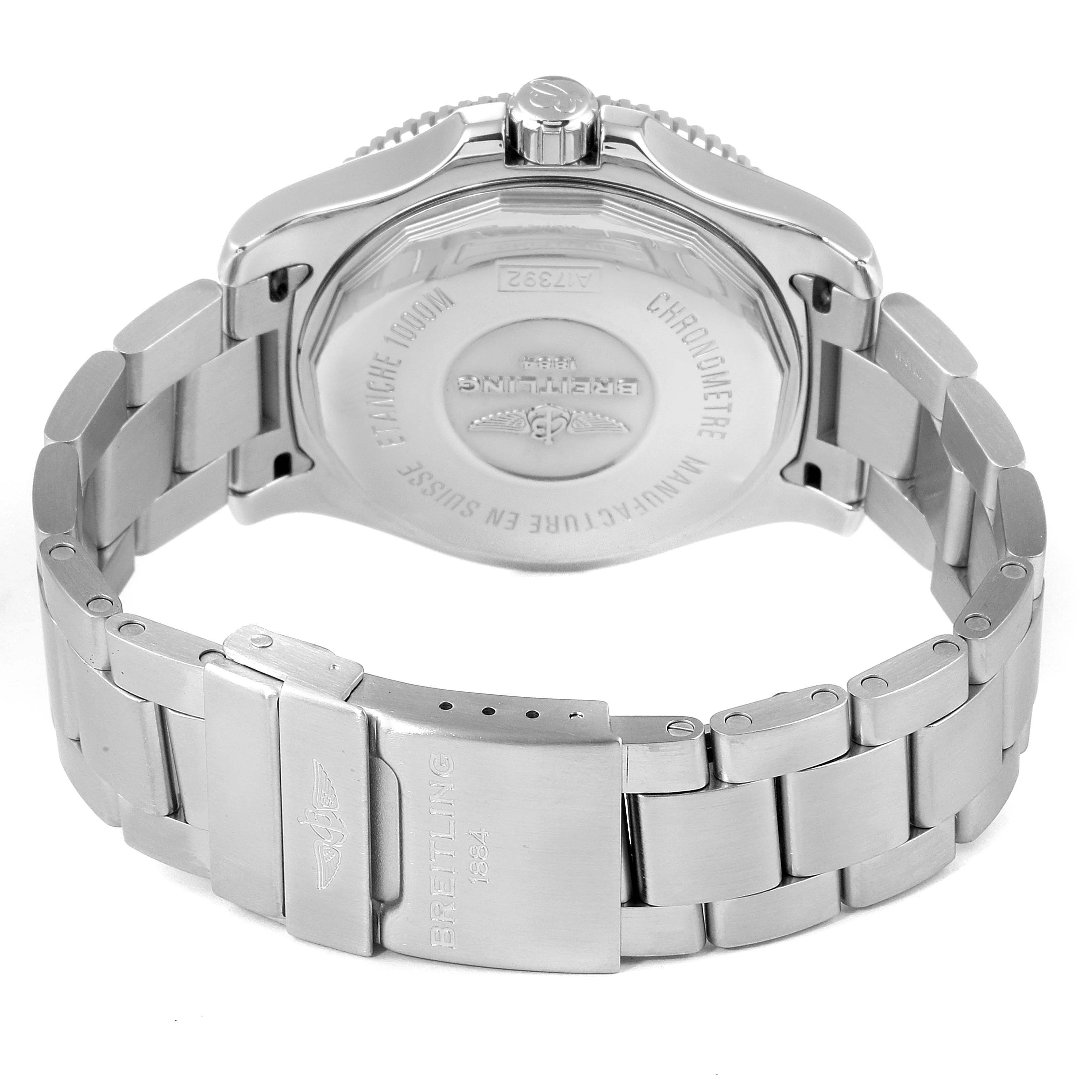 This image shows the back case and stainless steel bracelet of a Breitling Superocean A17392D8/C910 Men's Stainless Steel Black Dial A17392D8/C910 Men's Stainless Steel Black Dial watch, viewed from the rear angle.