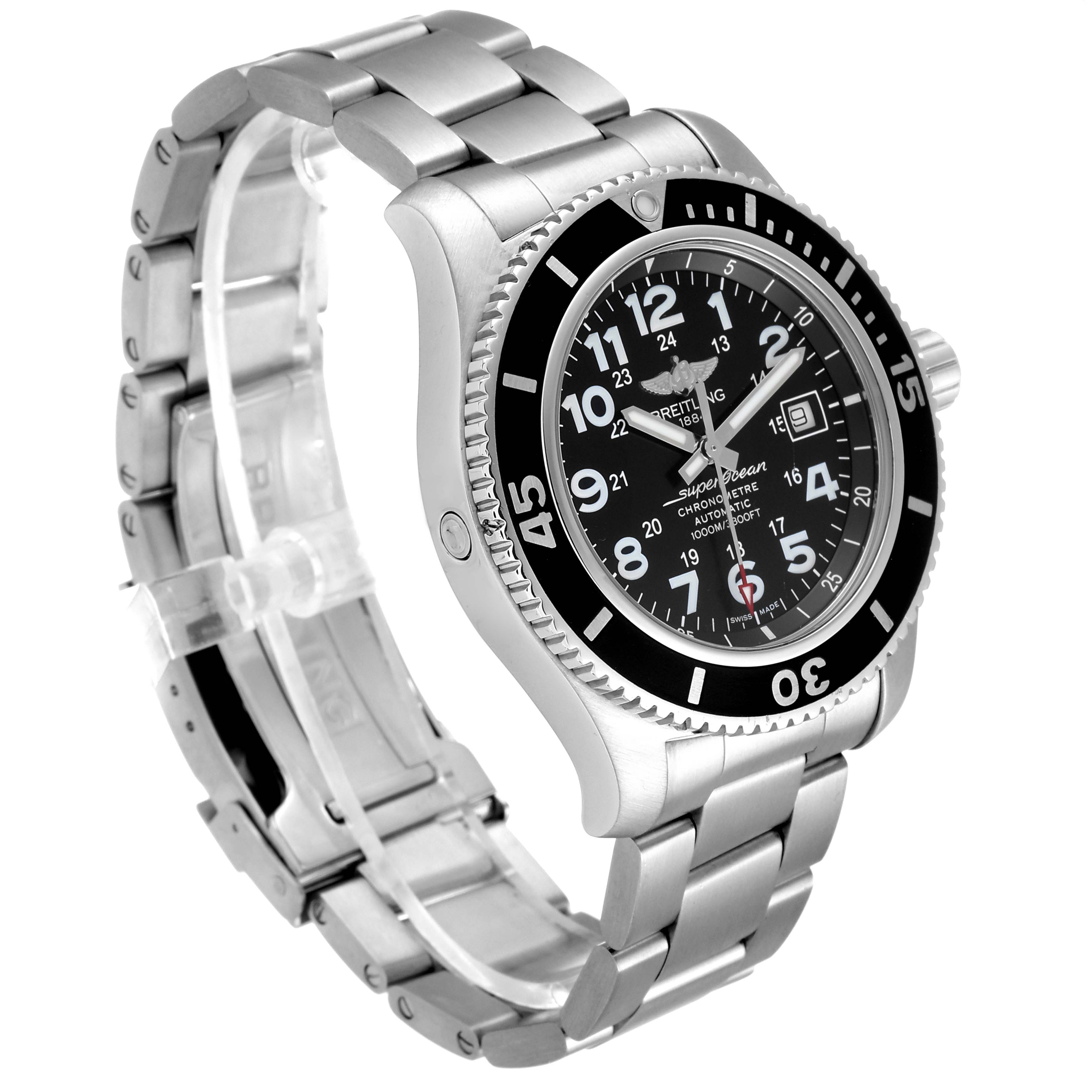 The image shows a Breitling Superocean A17392D8/C910 Men's Stainless Steel Black Dial A17392D8/C910 Men's Stainless Steel Black Dial watch at a three-quarter angle highlighting the face, bezel, and stainless steel bracelet.
