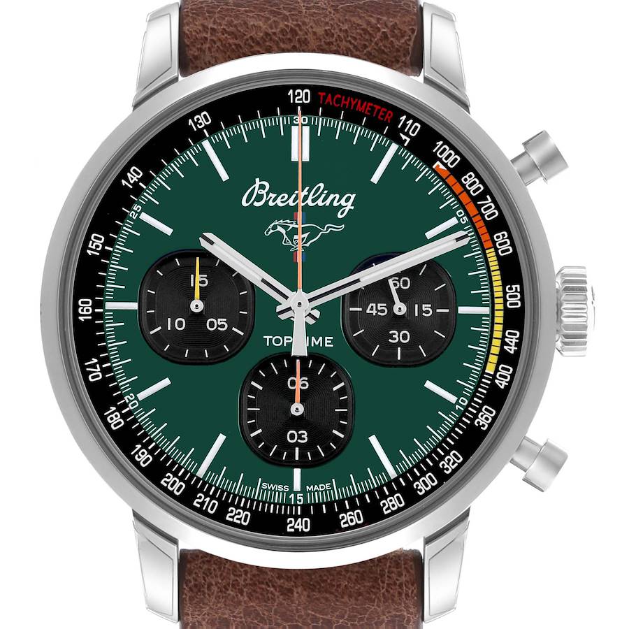 The Breitling Premier model watch is shown from the front, displaying its green dial, tachymeter scale, subdials, and brown leather strap.