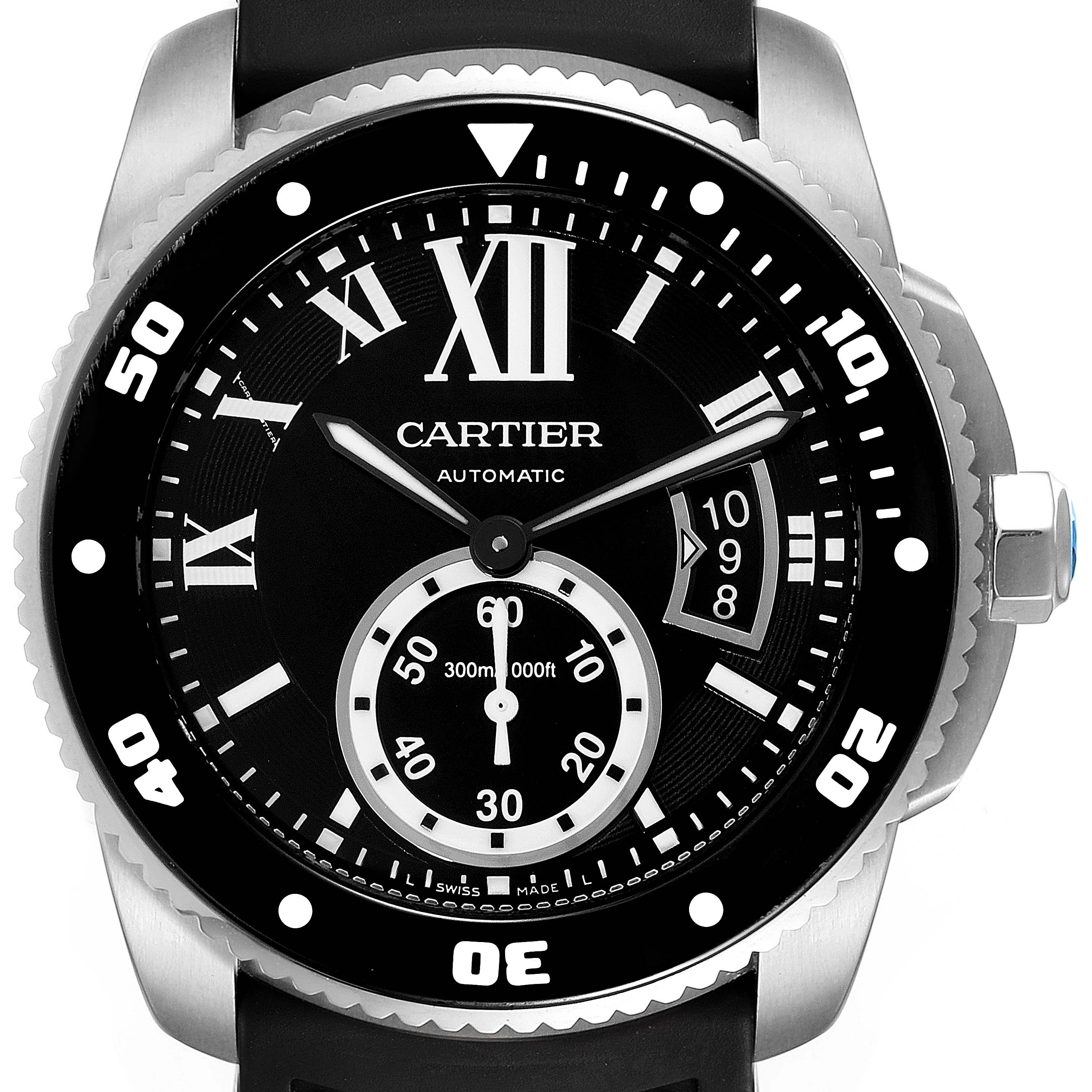 This image shows the front view of a Calibre de Cartier watch by Cartier, highlighting the dial, hands, bezel, and crown.