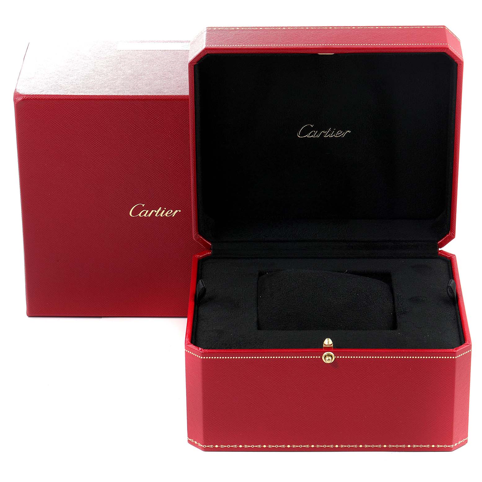 This image shows an empty red Cartier box for the Calibre de Cartier watch, with the lid open and the brand name inside.