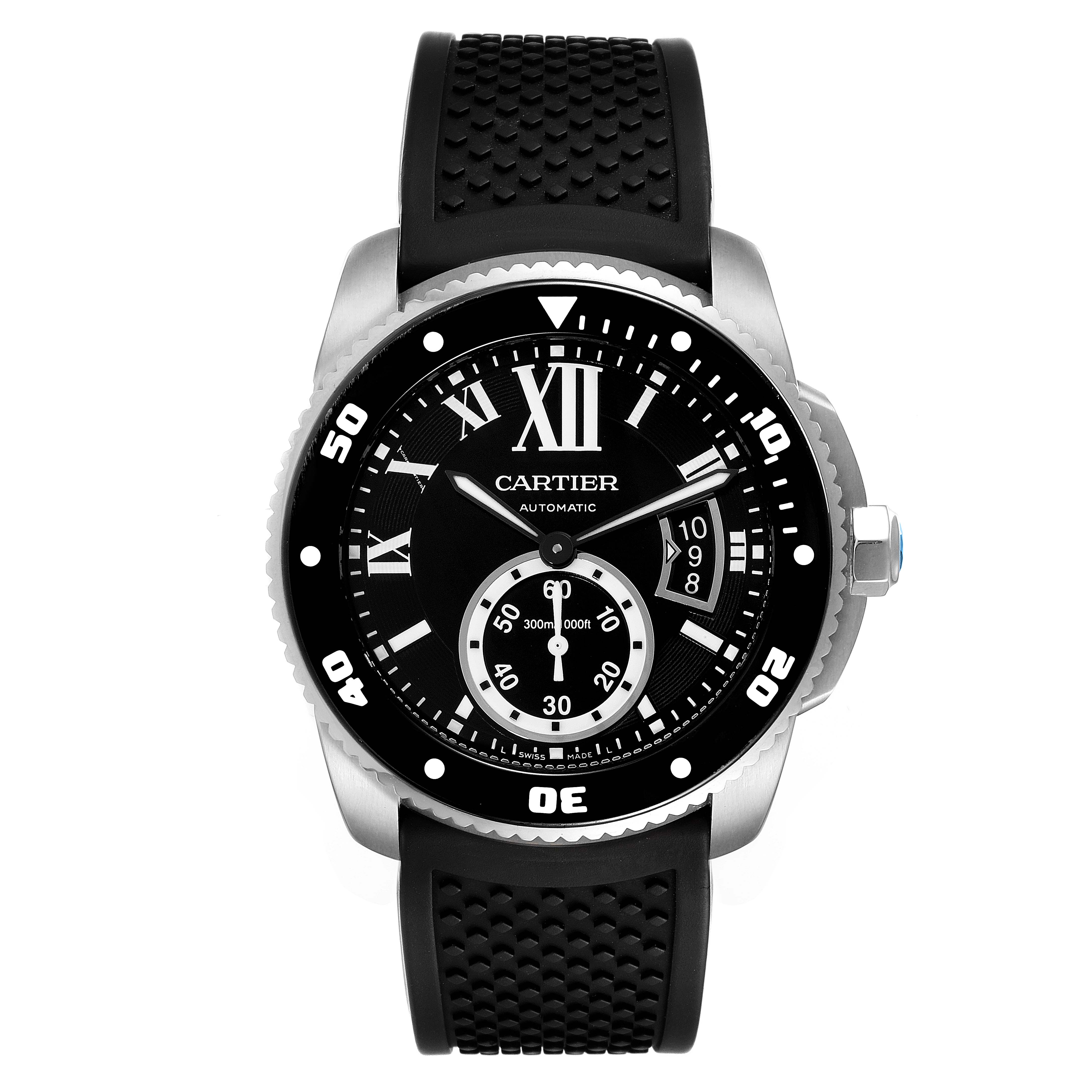 The image shows a front view of the Cartier Calibre de Cartier W7100056 Men
s Stainless Steel Black Dial W7100056 Men
s Stainless Steel Black Dial watch, displaying its black dial, bezel, and rubber strap.