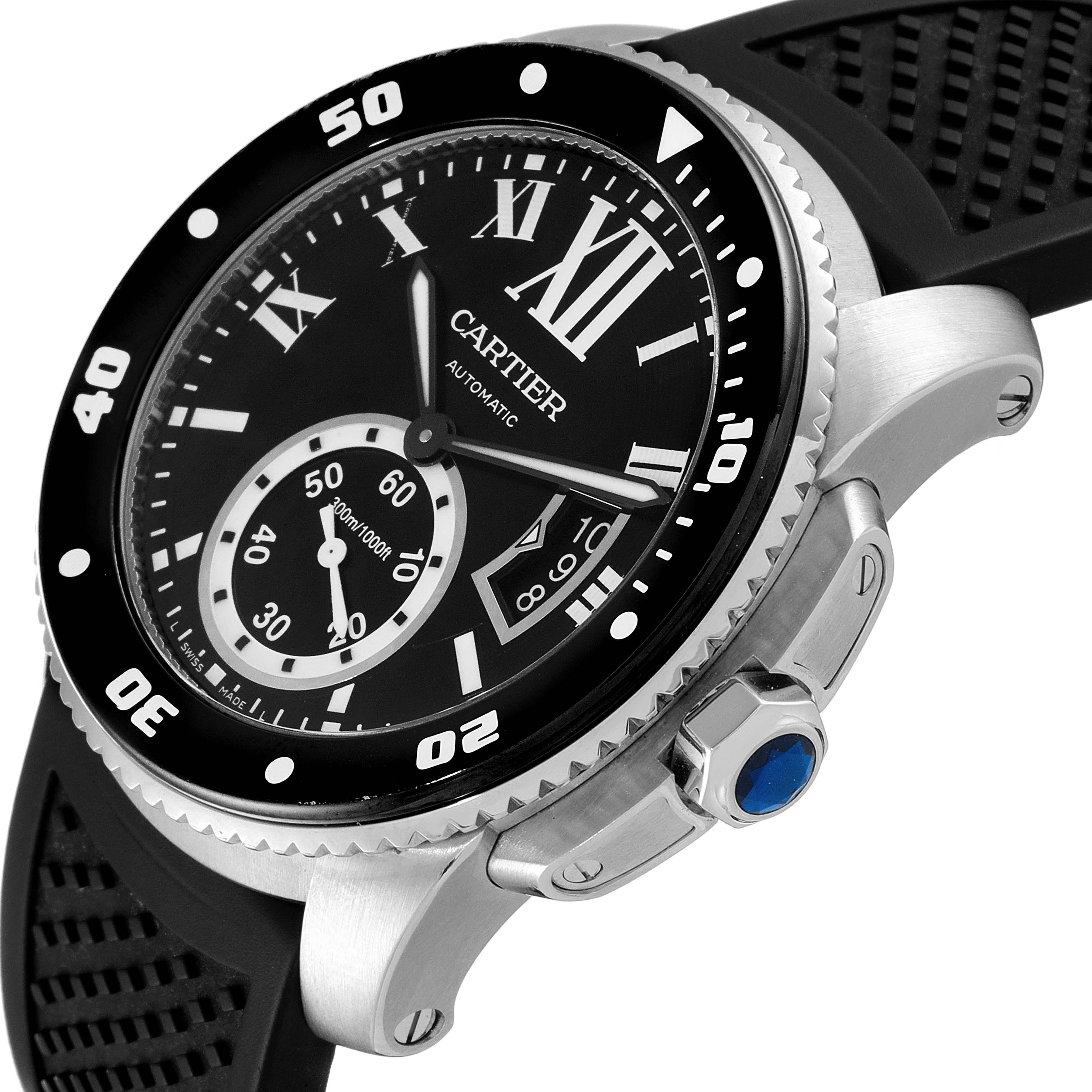 The angle shows a close-up view of the Calibre de Cartier model by Cartier, highlighting the watch face, bezel, and crown.