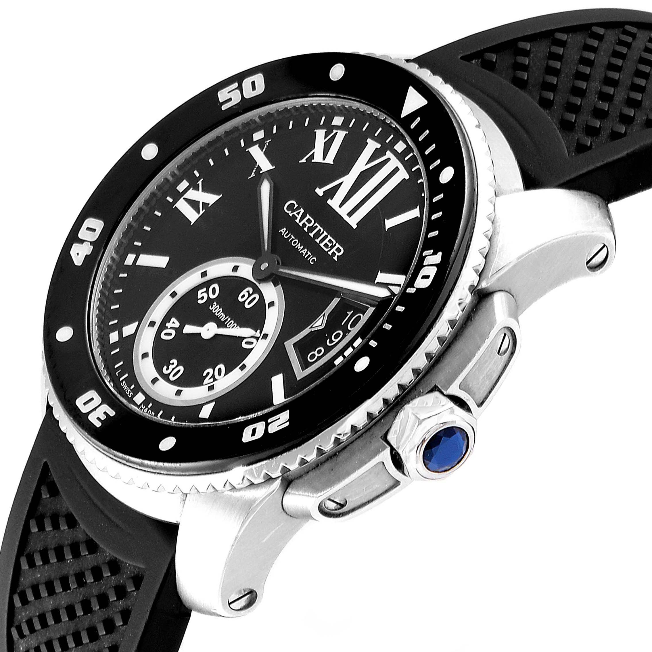 The image shows a side angle of the Calibre de Cartier model by Cartier, highlighting the crown, bezel, and part of the strap.