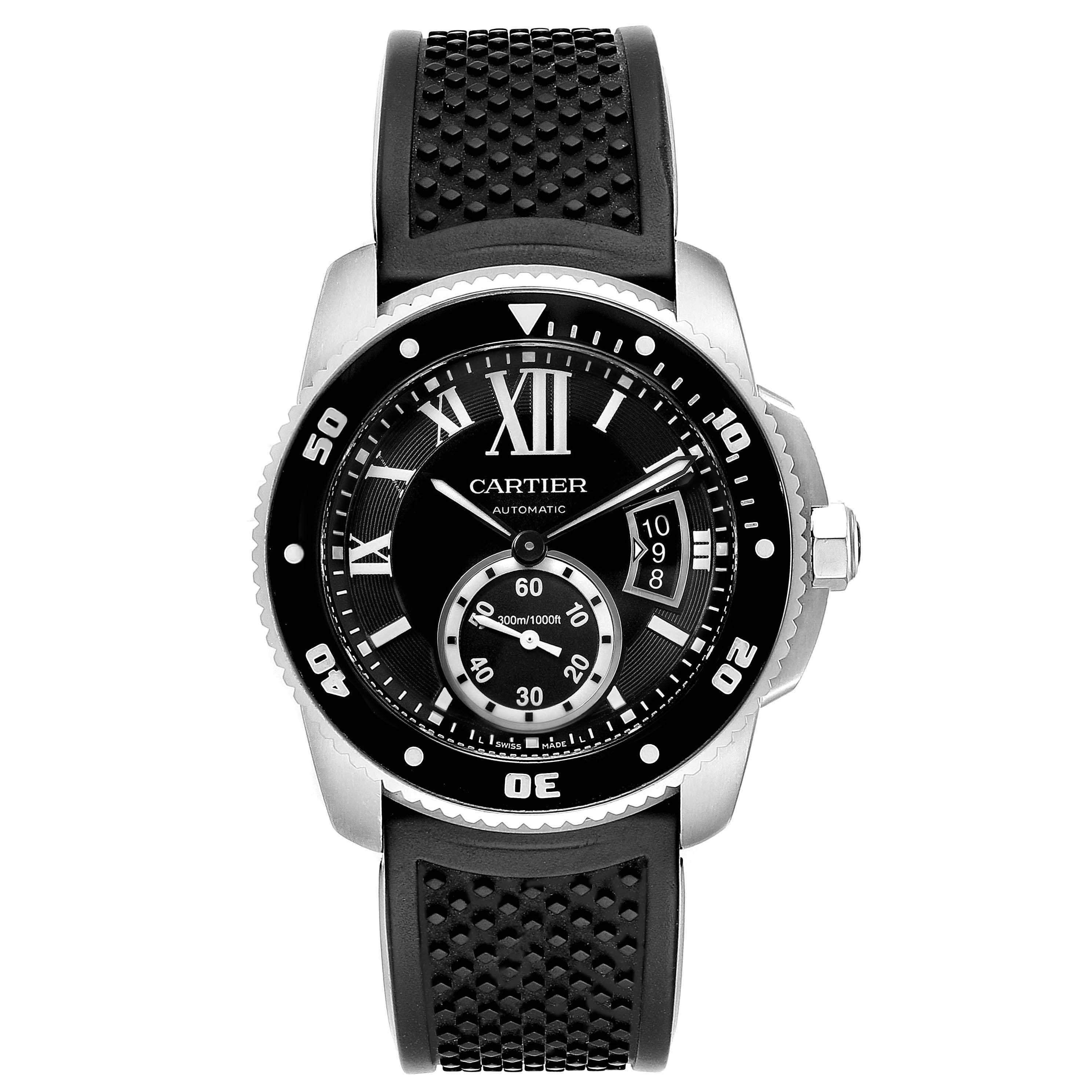 This is a front view of the Calibre de Cartier watch by Cartier, showing the face, bezel, and strap.