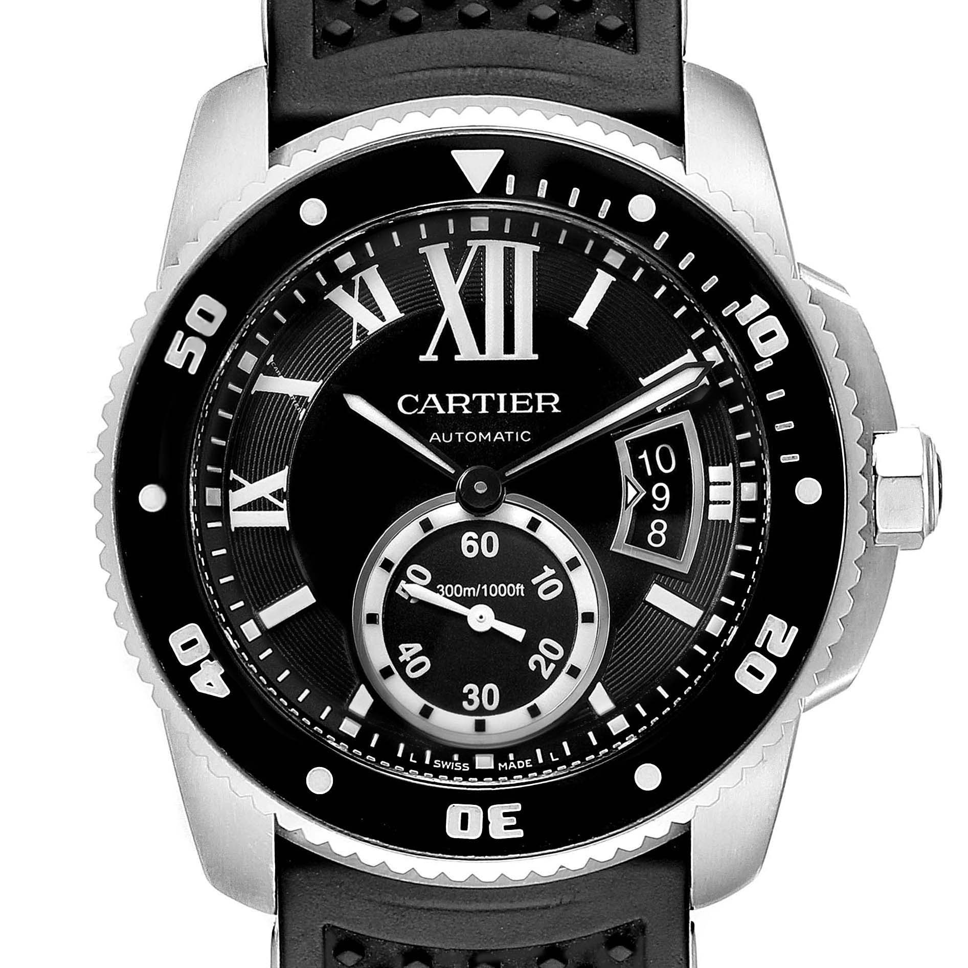 The image shows a front view of a Calibre de Cartier watch by Cartier, highlighting its dial, bezel, and crown.