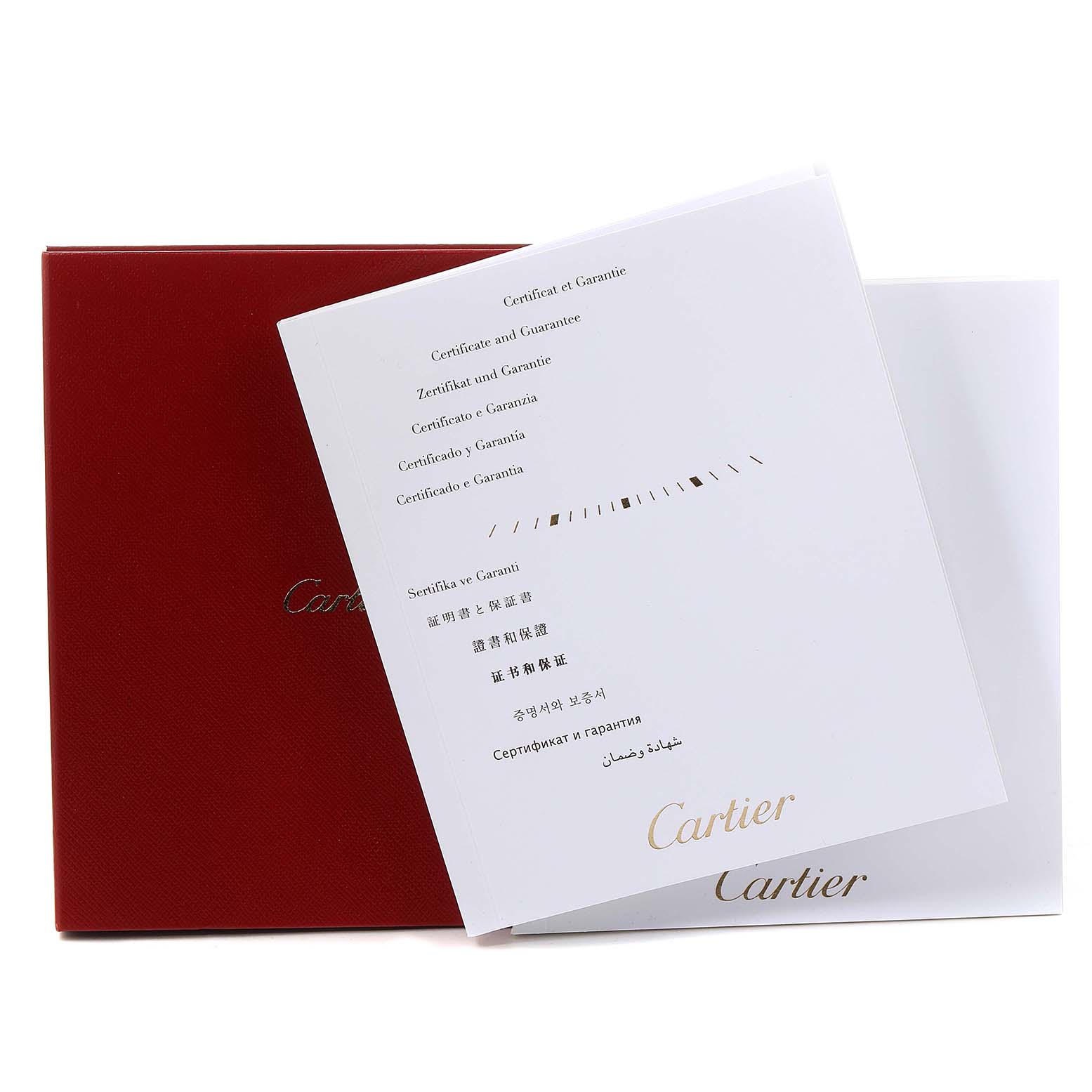 The image shows the box and warranty certificate for the Calibre de Cartier model by Cartier.