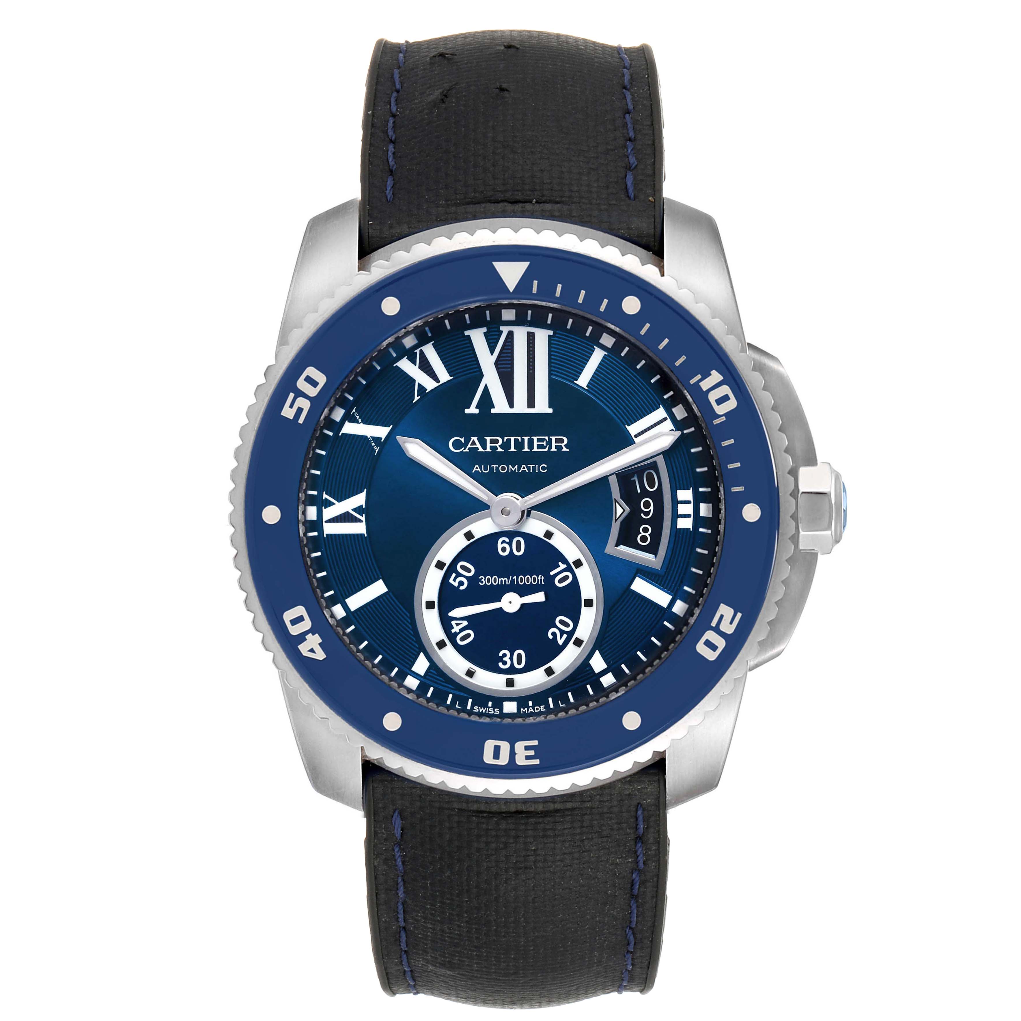 The image shows a front view of the Calibre de Cartier watch with a blue dial and black strap.