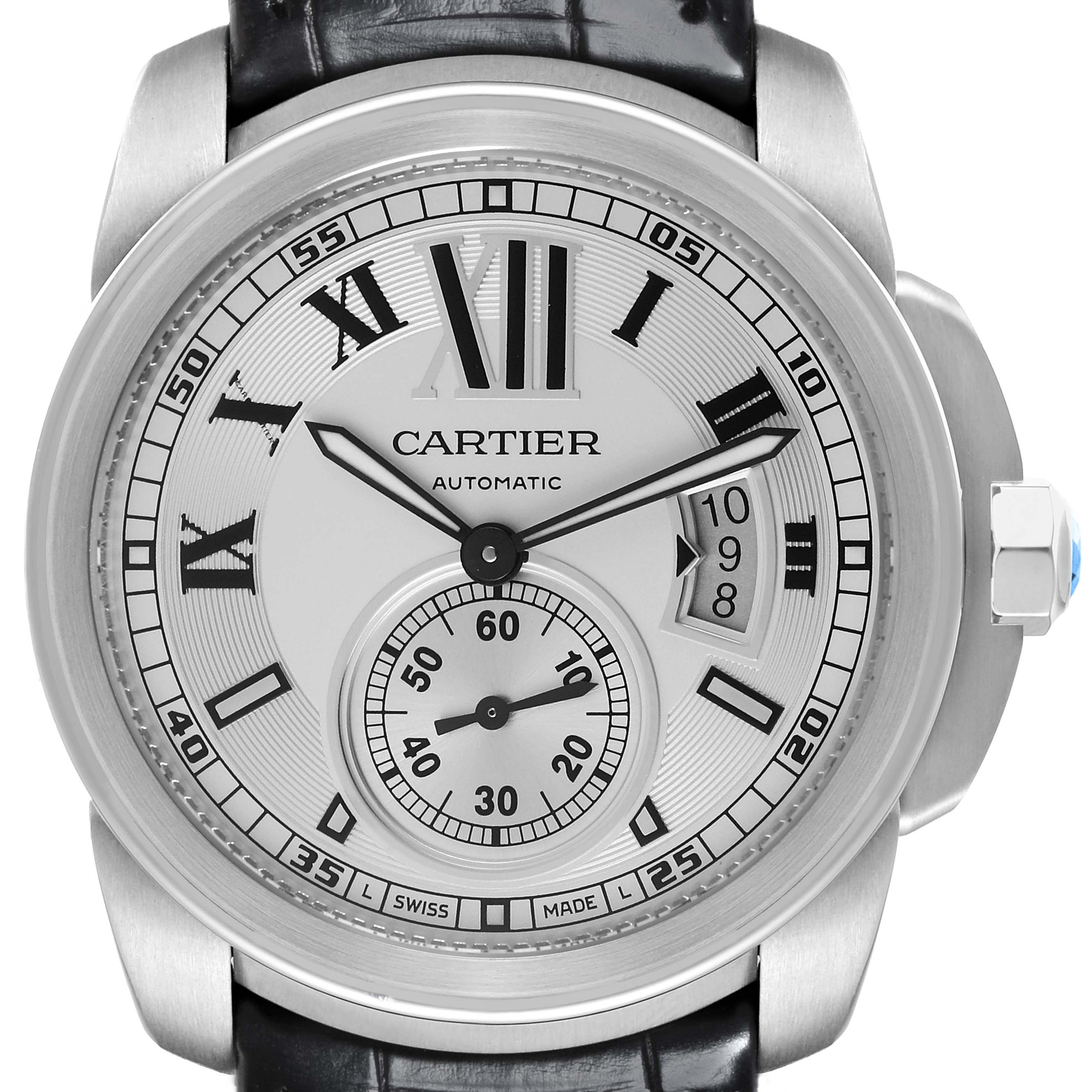 The Calibre de Cartier watch is shown from the front, displaying the dial, Roman numerals, subdial, and crown.