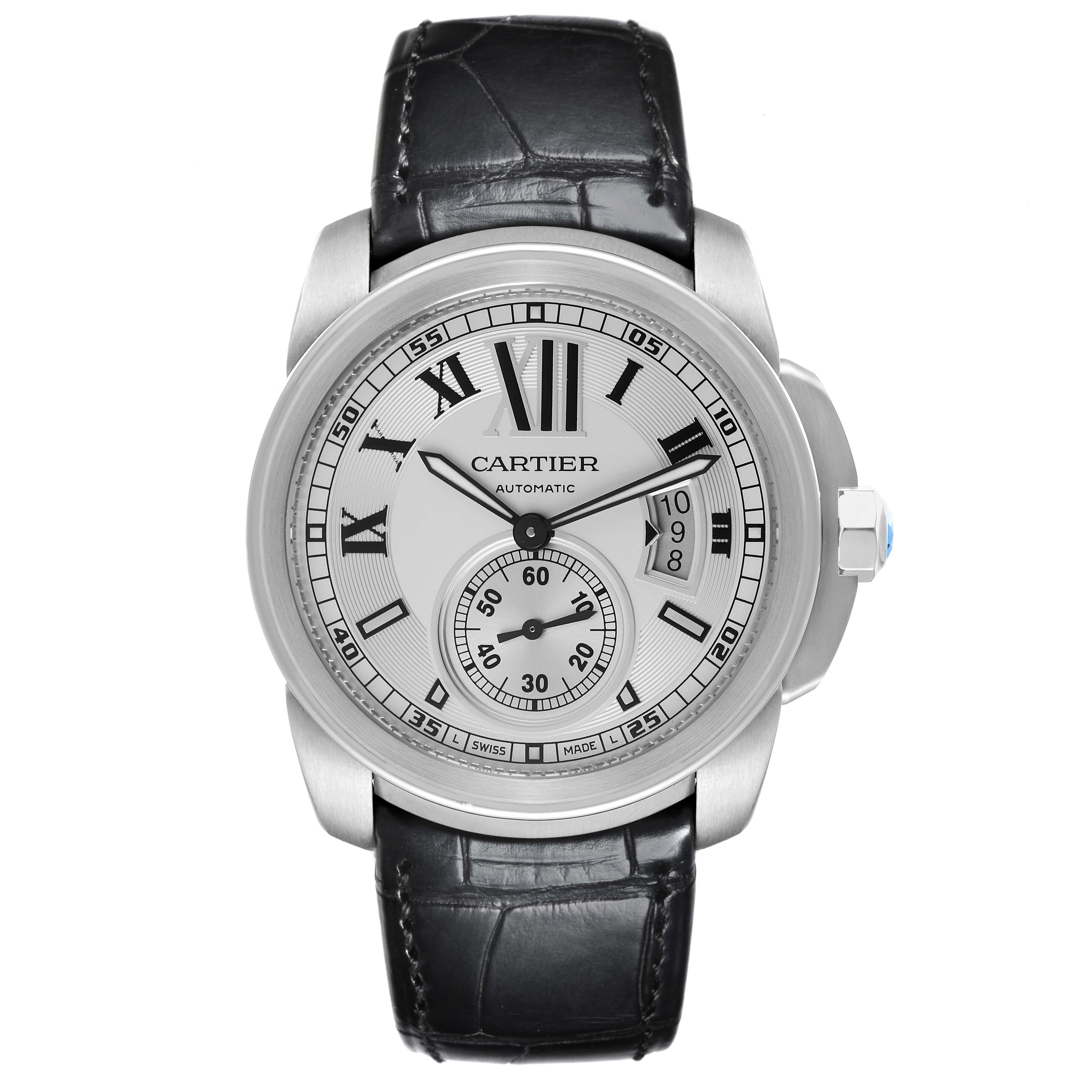 The image shows a front view of the Calibre de Cartier watch, displaying the face, case, and black leather strap.
