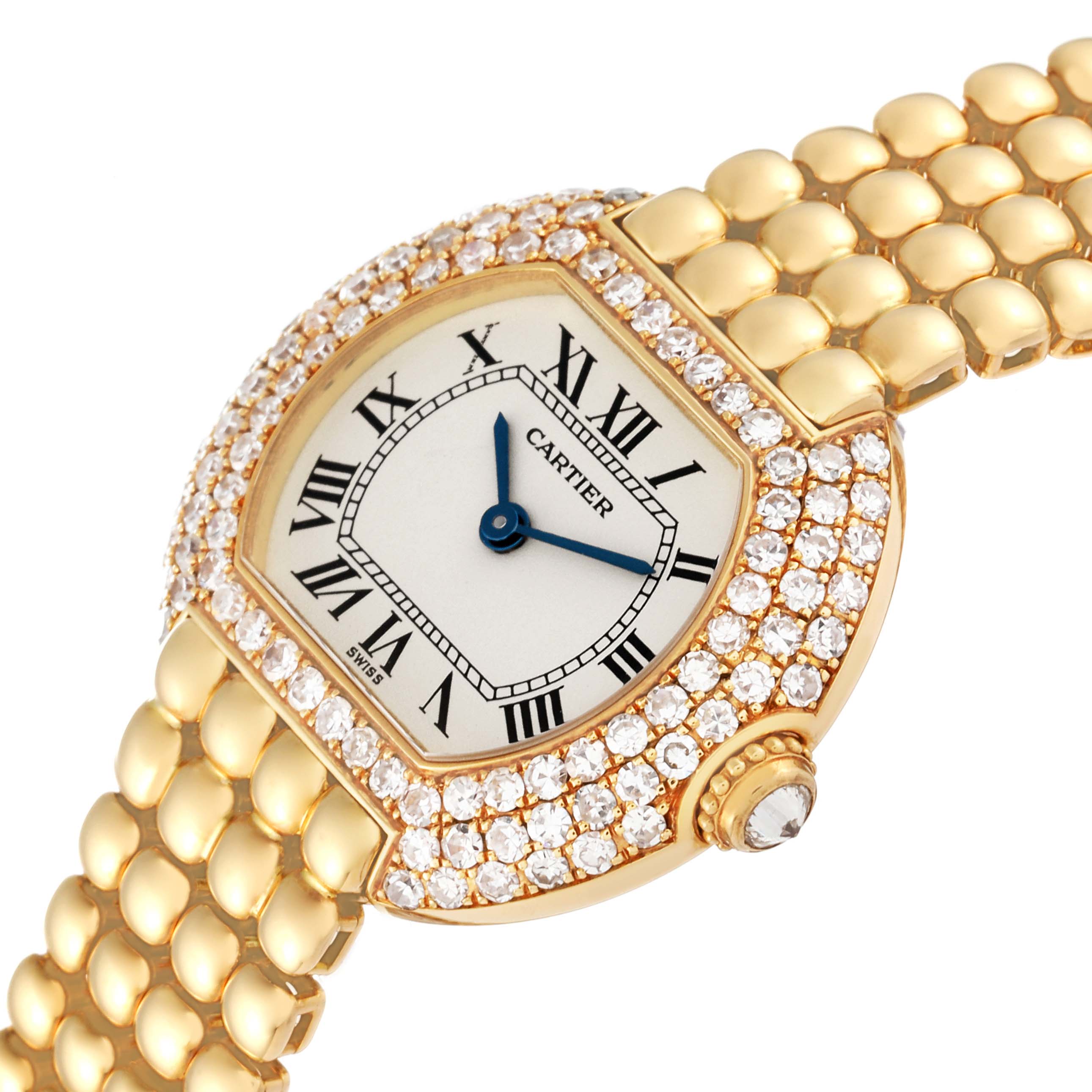 This image shows a close-up angle of the Cartier Tortue Women's Yellow Gold Silver Dial Women's Yellow Gold Silver Dial watch, highlighting its diamond-encrusted bezel, dial, and bracelet.