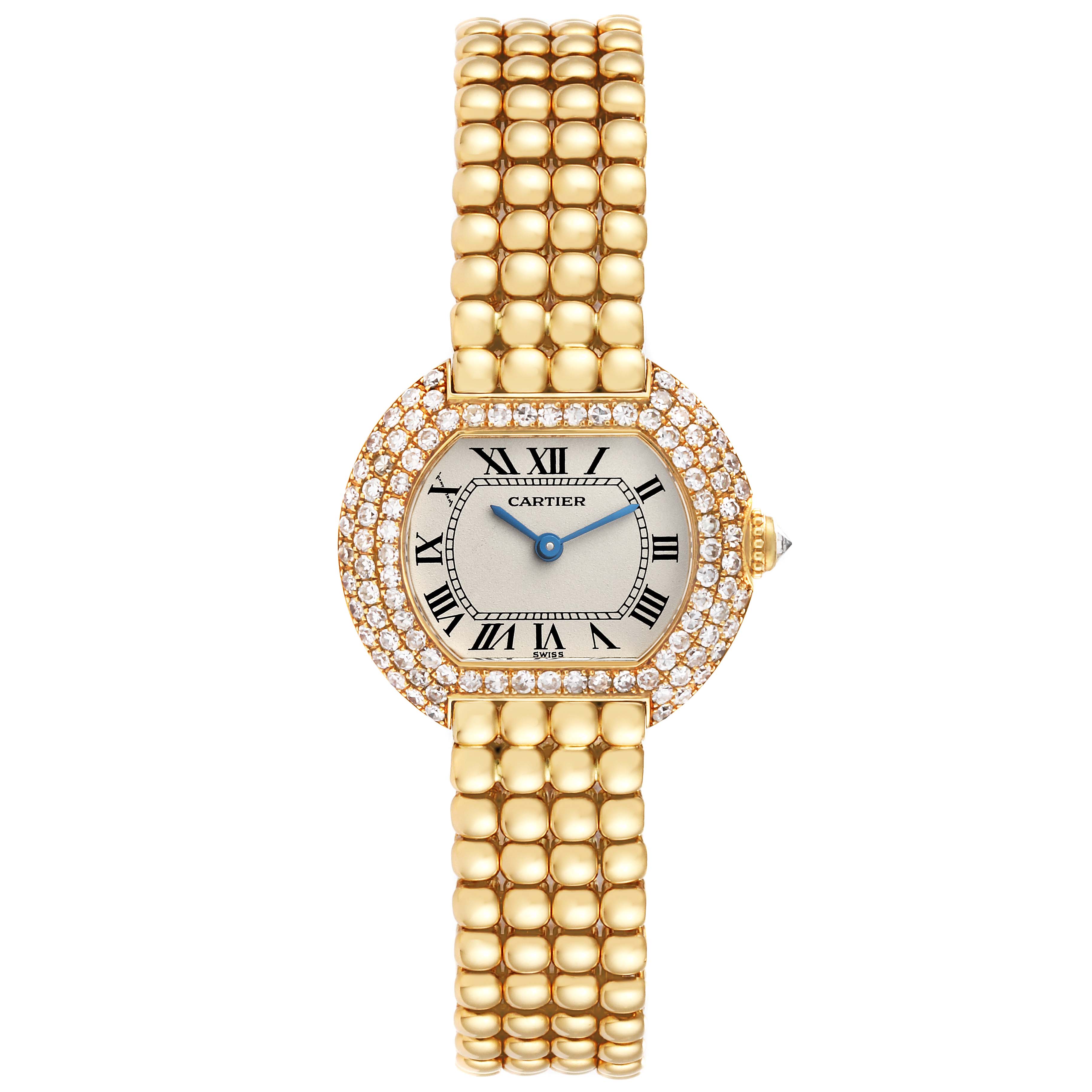 The image shows a Cartier Tortue Women's Yellow Gold Silver Dial Women's Yellow Gold Silver Dial watch from a front angle, highlighting its gold case, diamond bezel, and gold bracelet.