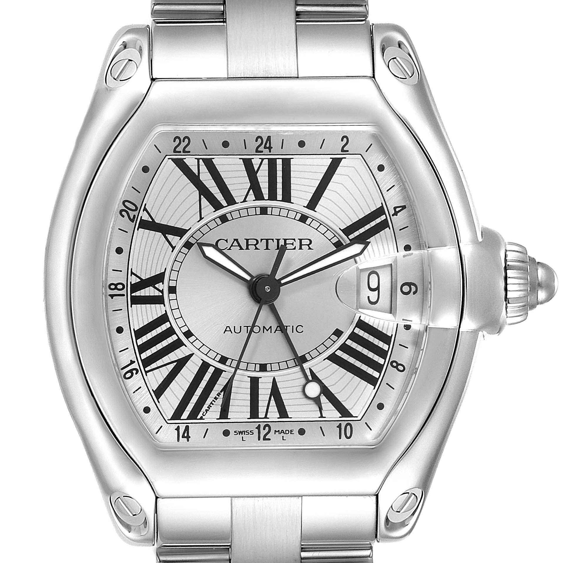 The image shows a close-up front view of the Cartier Roadster W62032X6 Men's Stainless Steel Silver Dial W62032X6 Men's Stainless Steel Silver Dial watch, highlighting the face, hands, and part of the bracelet.