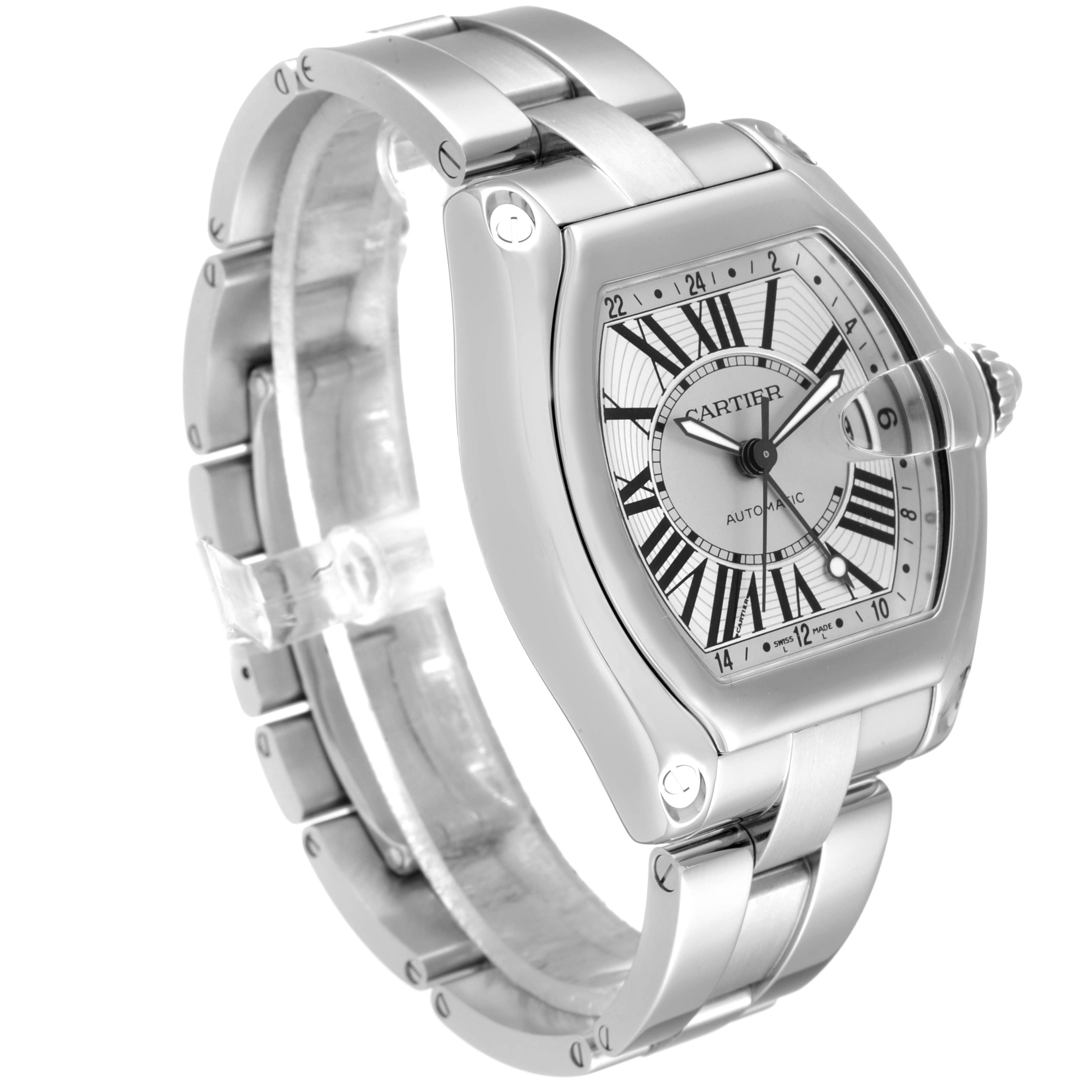 The image shows a Cartier Roadster W62032X6 Men's Stainless Steel Silver Dial W62032X6 Men's Stainless Steel Silver Dial watch at a three-quarter angle, highlighting the bracelet, case, and dial.