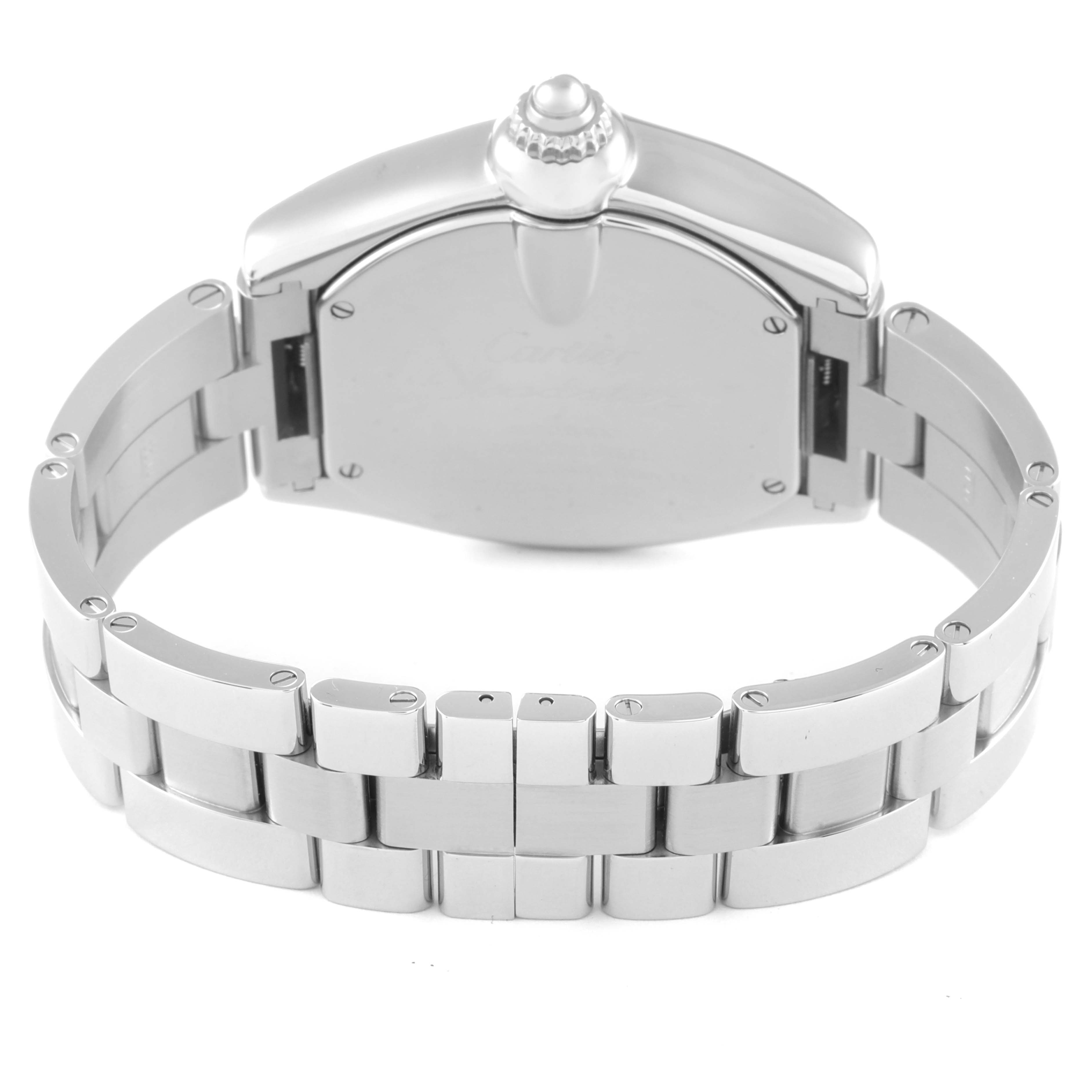 This image shows the rear view of a Cartier Roadster W62032X6 Men's Stainless Steel Silver Dial W62032X6 Men's Stainless Steel Silver Dial watch, highlighting its case back and metal bracelet.
