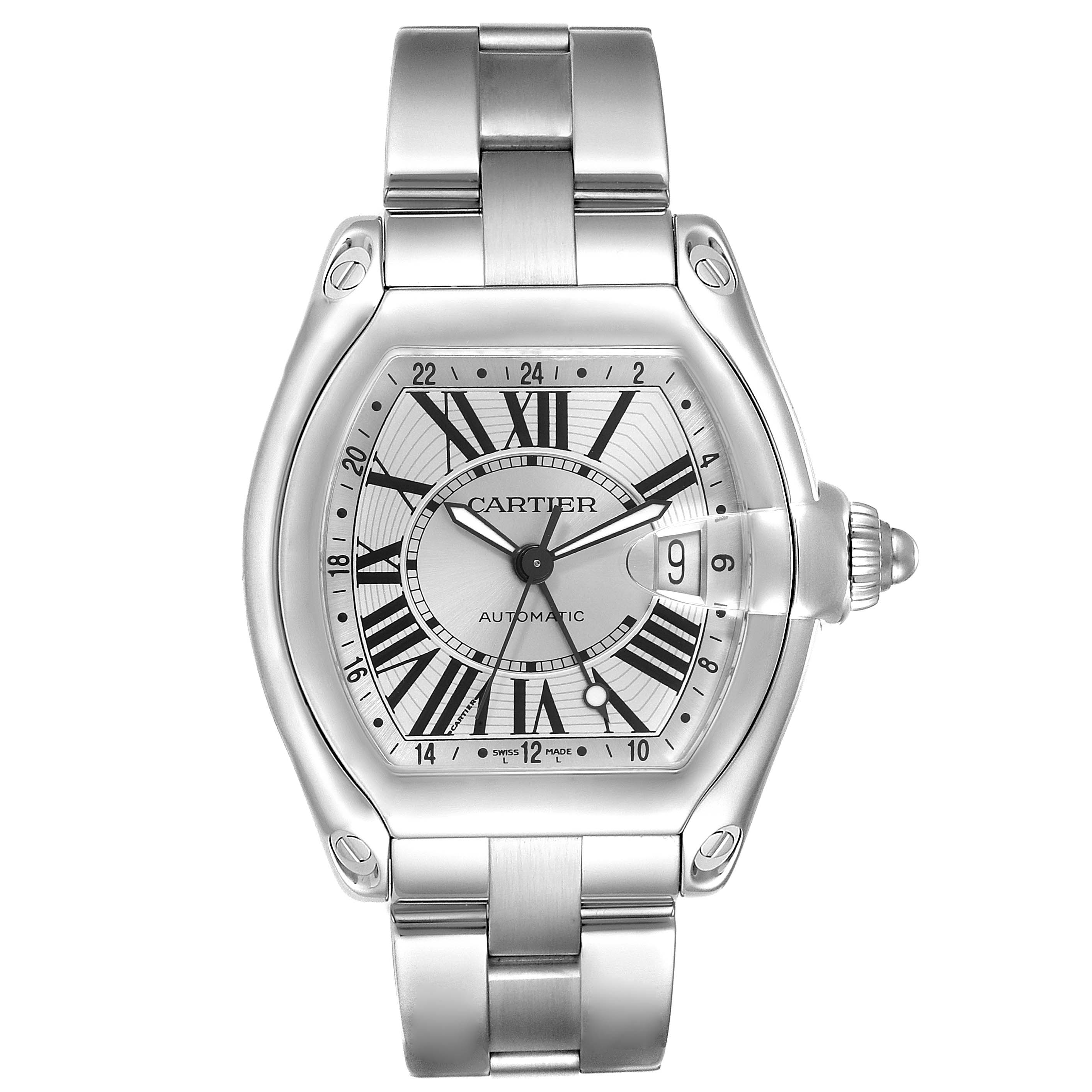 The image shows a front view of the Cartier Roadster W62032X6 Men's Stainless Steel Silver Dial W62032X6 Men's Stainless Steel Silver Dial watch, highlighting its dial, case, bracelet, and crown.