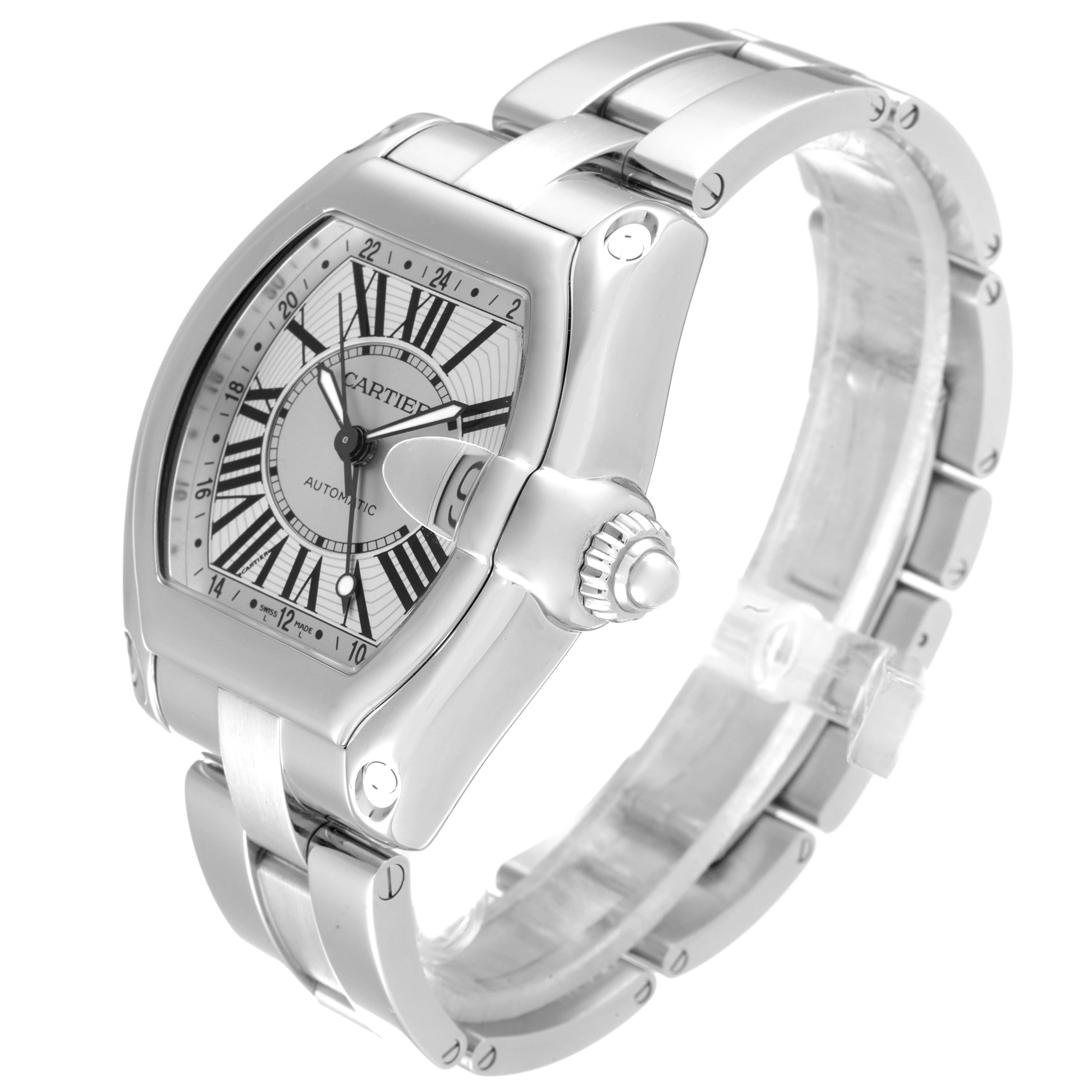 The image shows a Cartier Roadster W62032X6 Men's Stainless Steel Silver Dial W62032X6 Men's Stainless Steel Silver Dial watch at a three-quarter angle, displaying its face, case, crown, and bracelet.