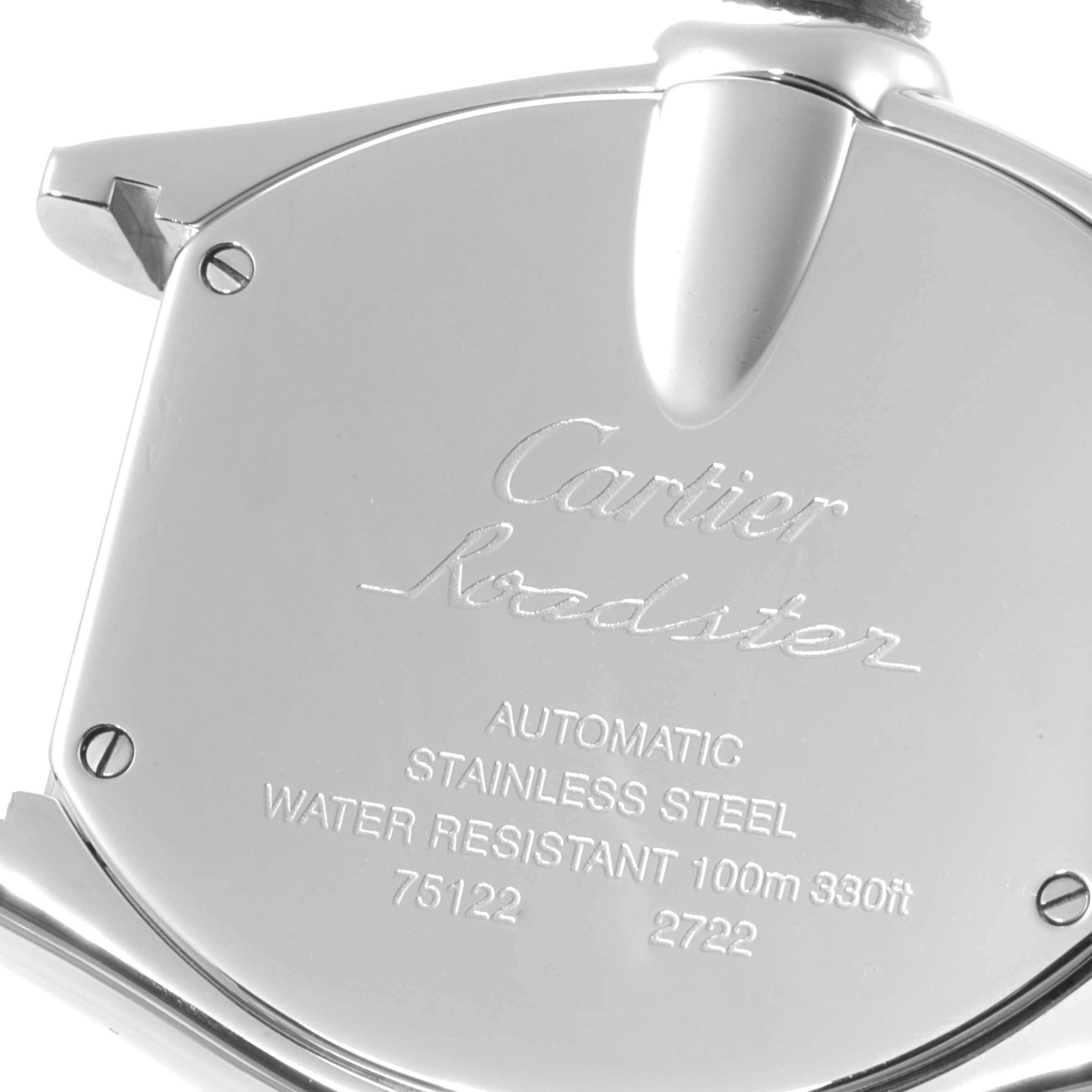 The image shows the back case of the Cartier Roadster W62032X6 Men's Stainless Steel Silver Dial W62032X6 Men's Stainless Steel Silver Dial watch, highlighting its engravings and water resistance.