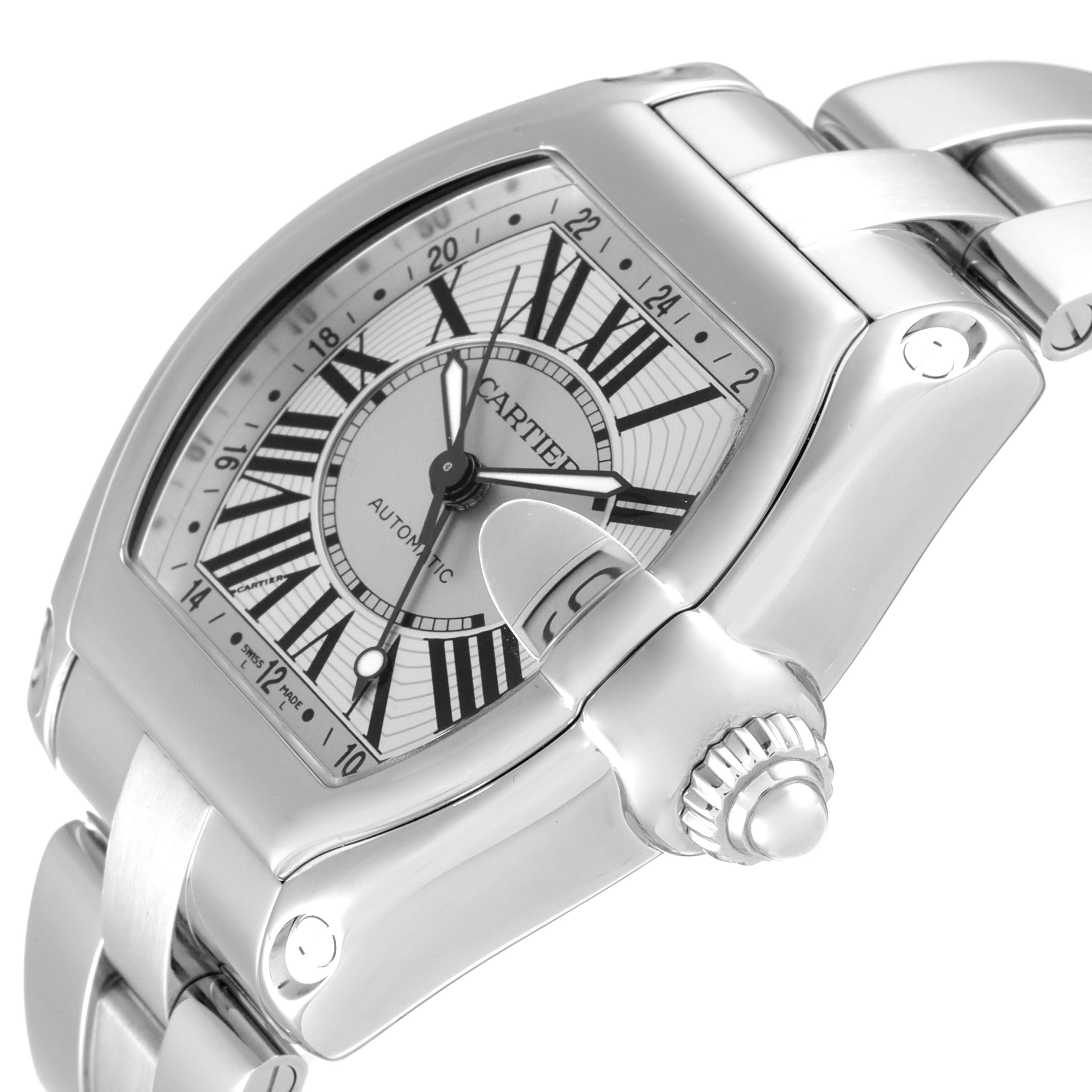 The image shows a close-up, angled view of the Cartier Roadster W62032X6 Men's Stainless Steel Silver Dial W62032X6 Men's Stainless Steel Silver Dial watch, highlighting its face, bezel, and crown.