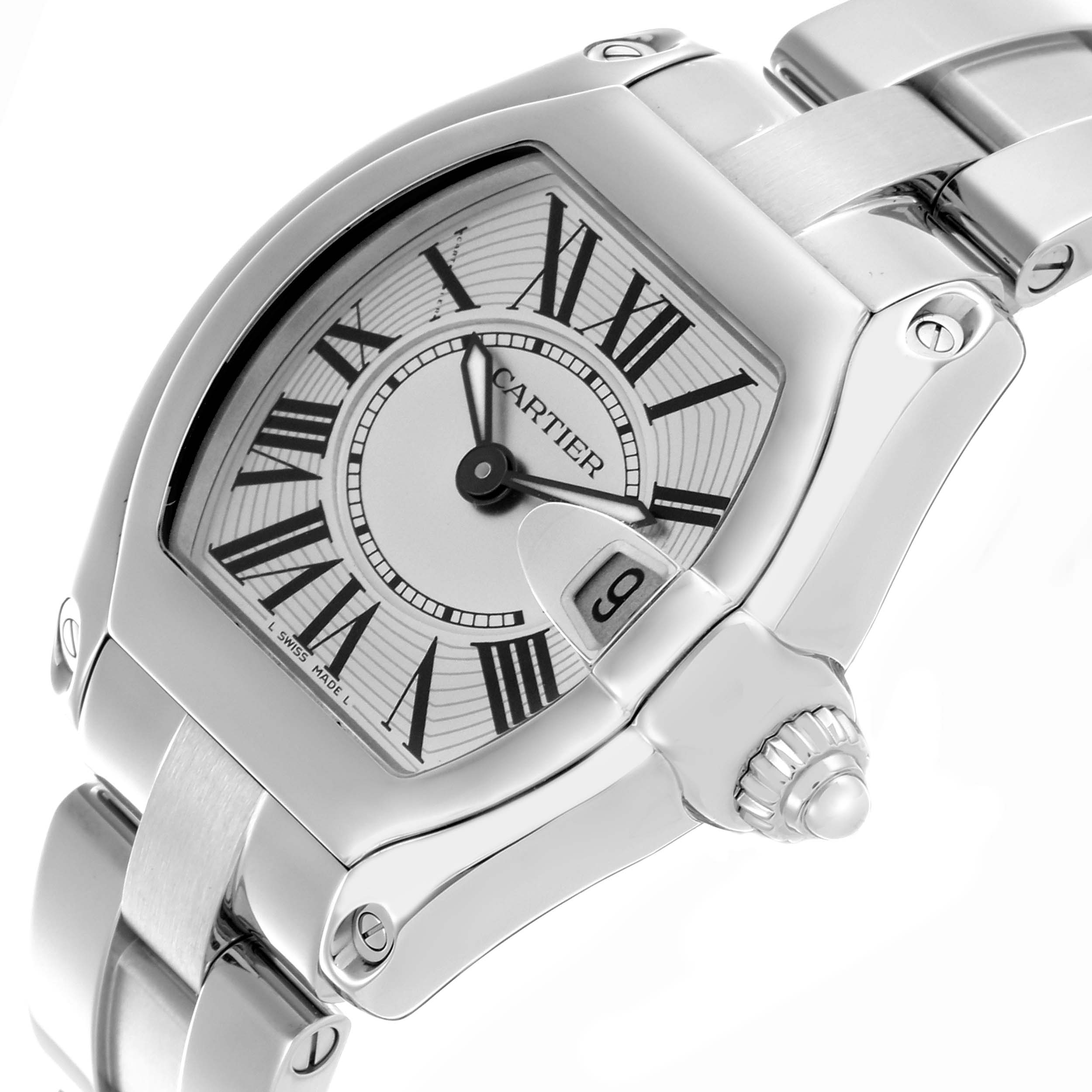 The Cartier Roadster W62016V3 Women
s Stainless Steel Silver Dial W62016V3 Women
s Stainless Steel Silver Dial watch is shown at a tilted close-up angle, featuring the face, crown, and part of the bracelet.