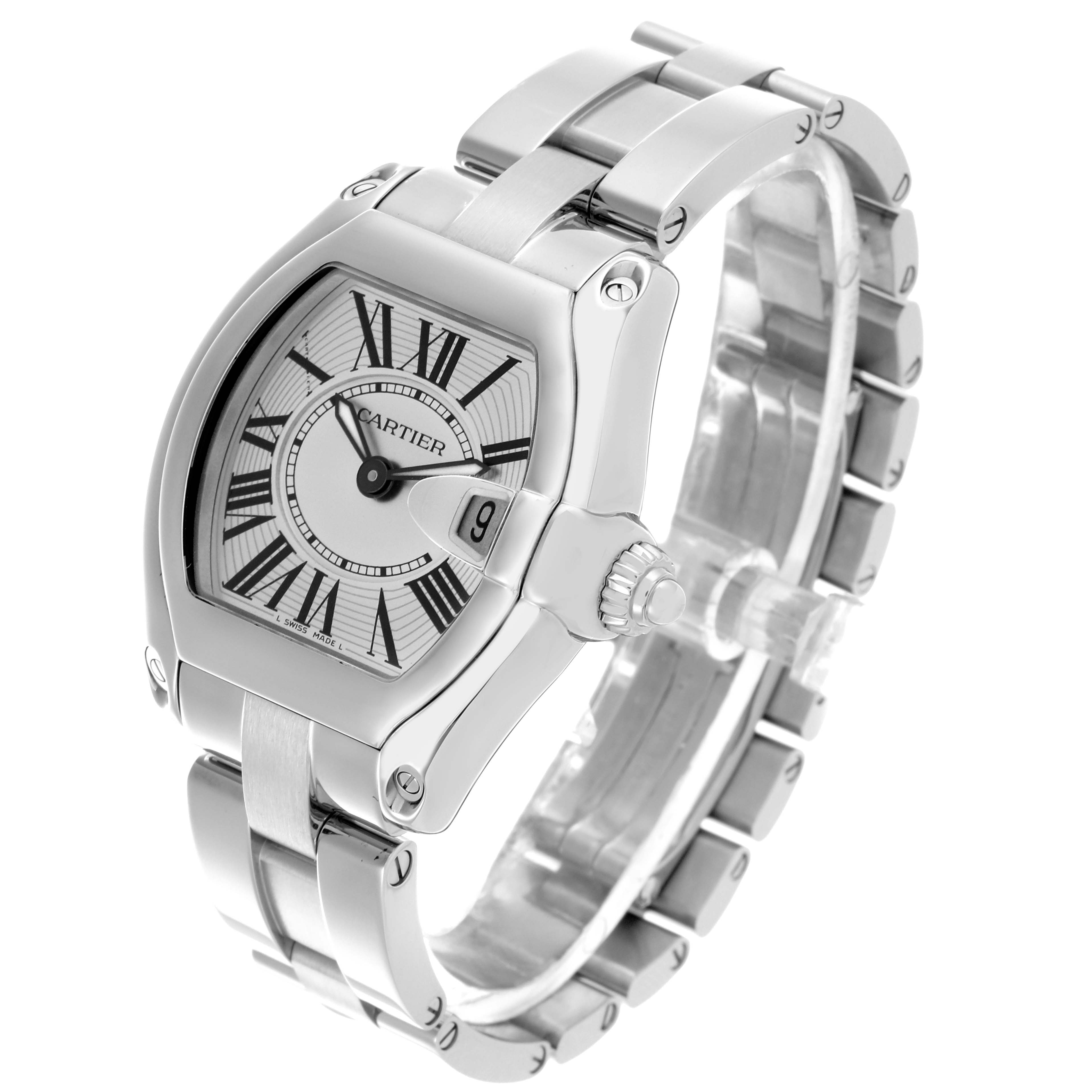 The Cartier Roadster W62016V3 Women
s Stainless Steel Silver Dial W62016V3 Women
s Stainless Steel Silver Dial watch is shown from a three-quarter angle, displaying the dial, case, bracelet, and crown.