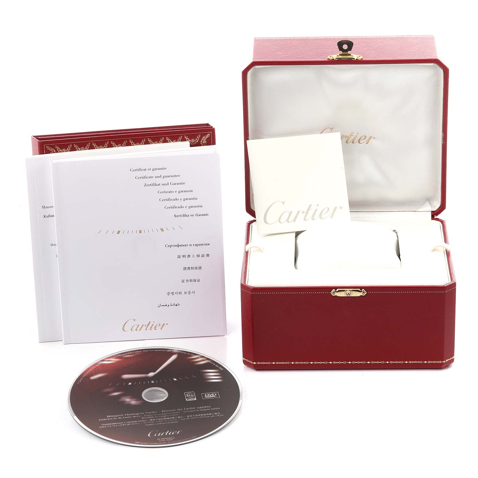 The image shows the Cartier Roadster W62016V3 Women
s Stainless Steel Silver Dial W62016V3 Women
s Stainless Steel Silver Dial watch packaging, including a red box, documents, and a CD, viewed from the front.