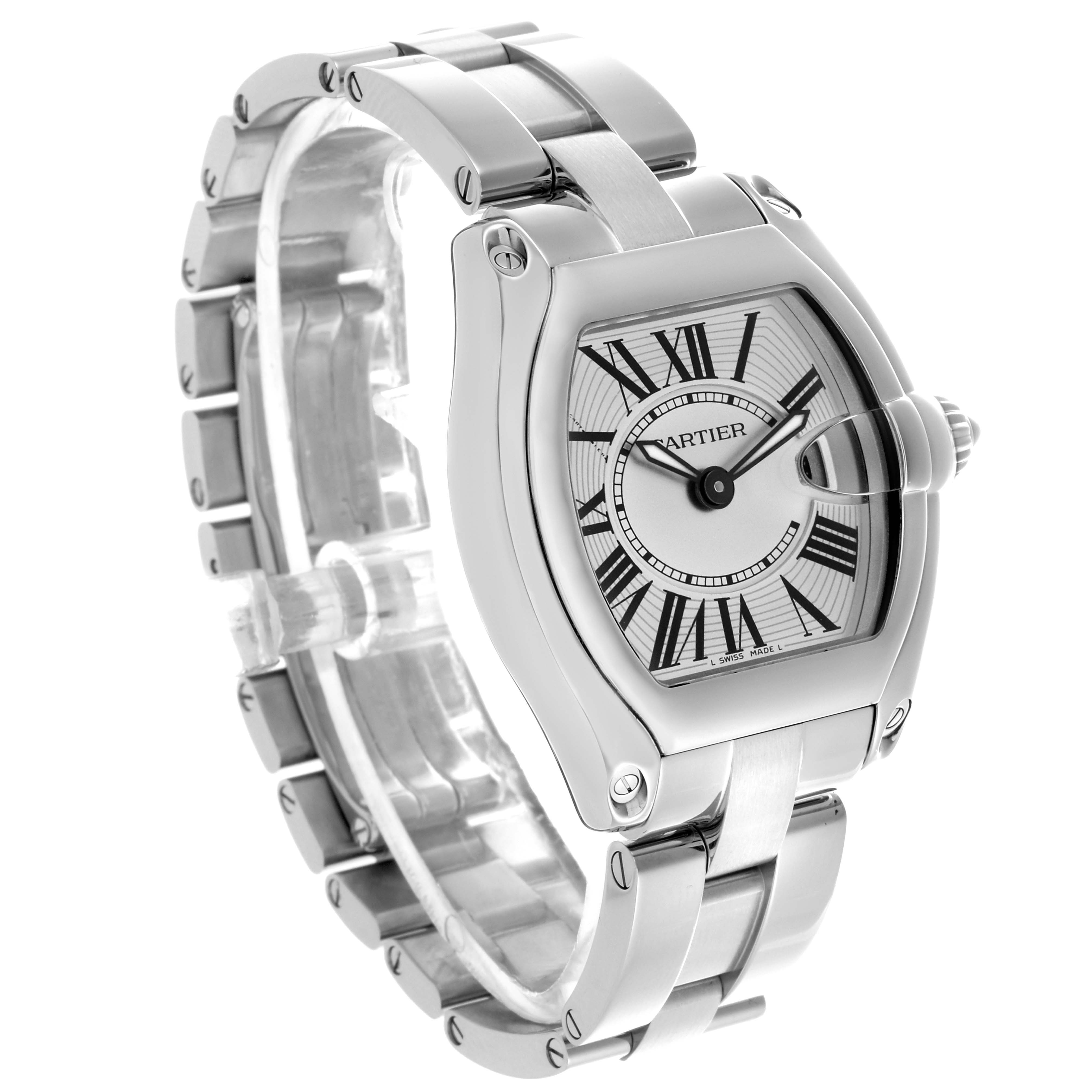 The Cartier Roadster W62016V3 Women
s Stainless Steel Silver Dial W62016V3 Women
s Stainless Steel Silver Dial watch is shown at a three-quarter angle, highlighting the bezel, face, and stainless steel bracelet.