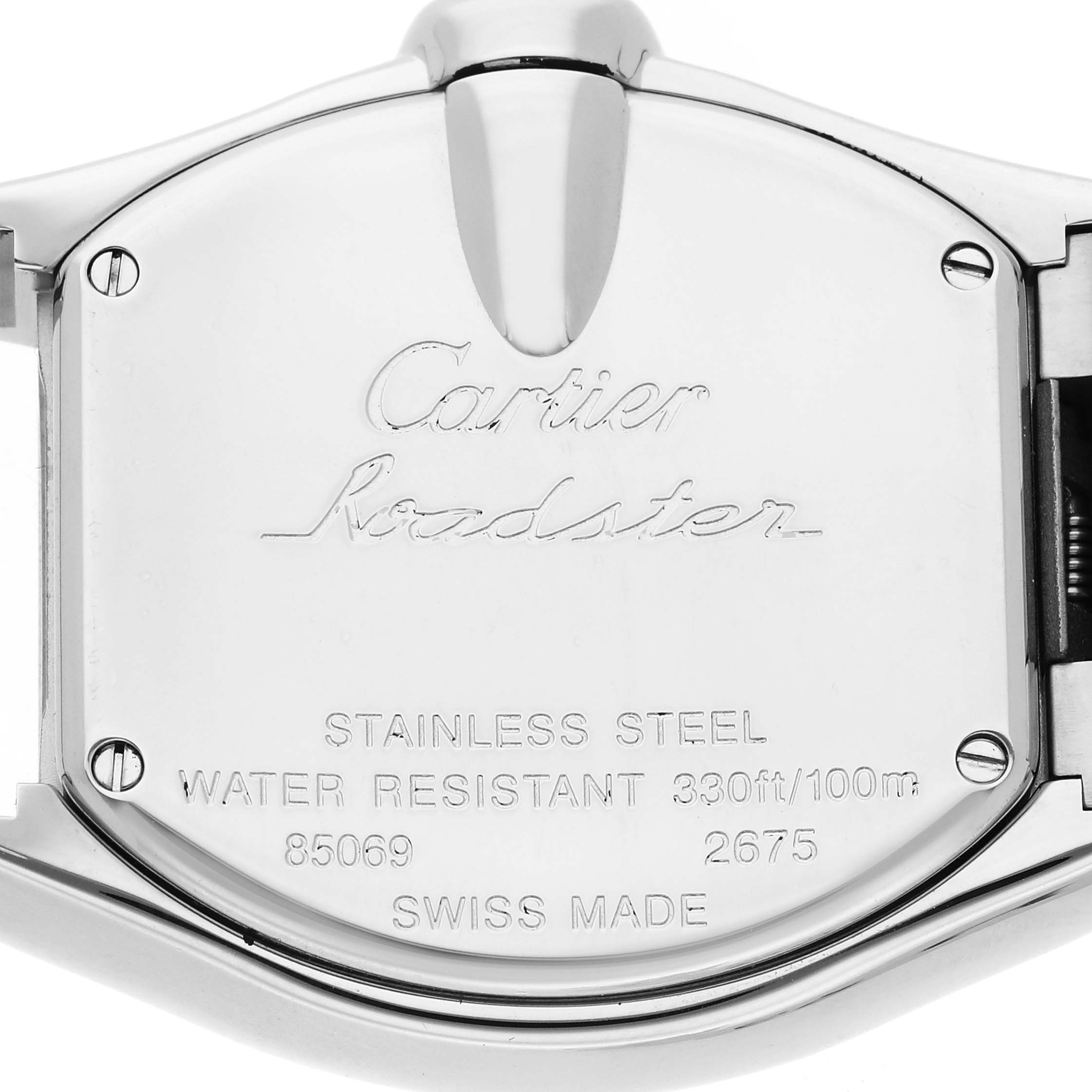The image shows the back case of the Cartier Roadster W62016V3 Women
s Stainless Steel Silver Dial W62016V3 Women
s Stainless Steel Silver Dial watch, featuring brand engravings and specifications.