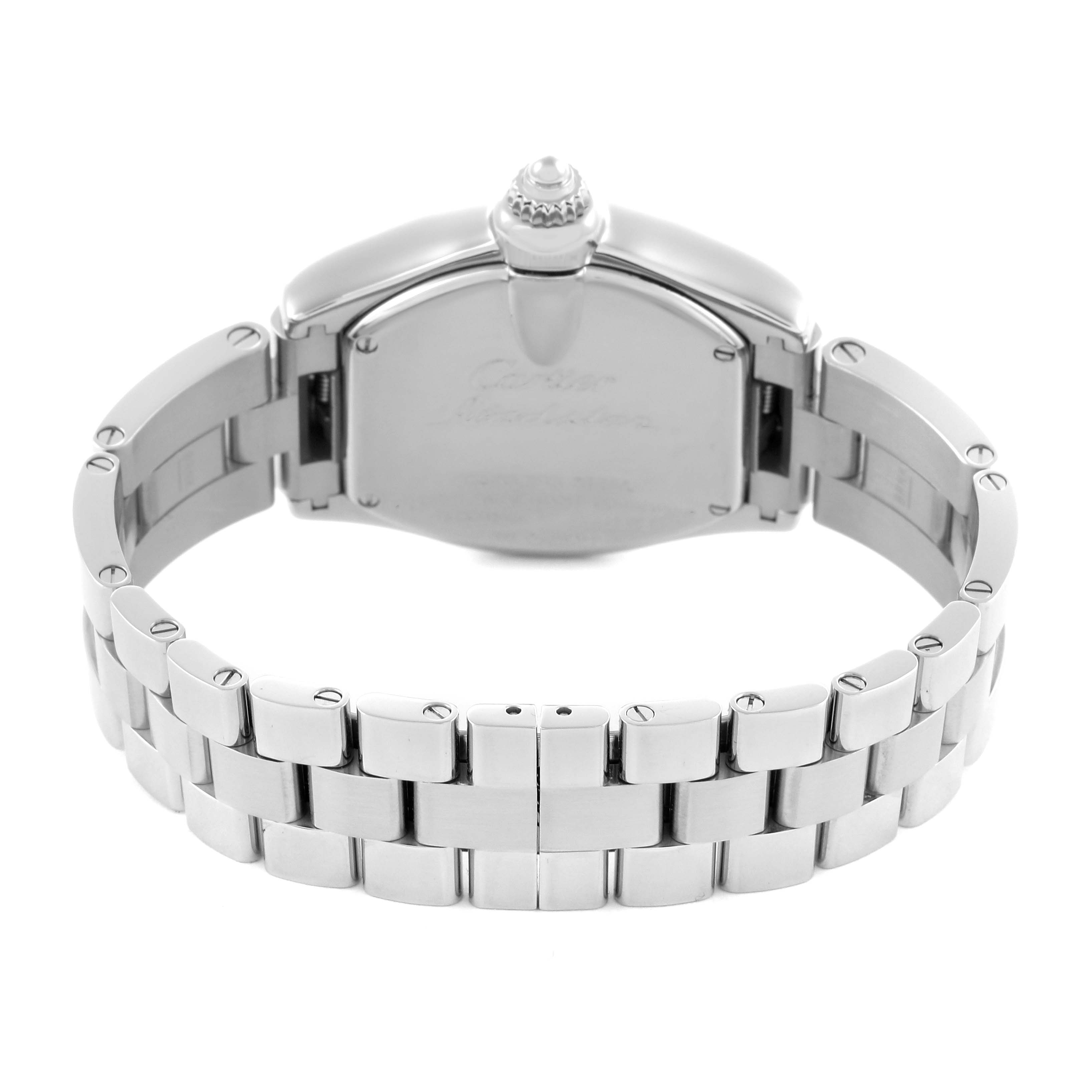 The image shows the back case and bracelet of the Cartier Roadster W62016V3 Women
s Stainless Steel Silver Dial W62016V3 Women
s Stainless Steel Silver Dial watch.