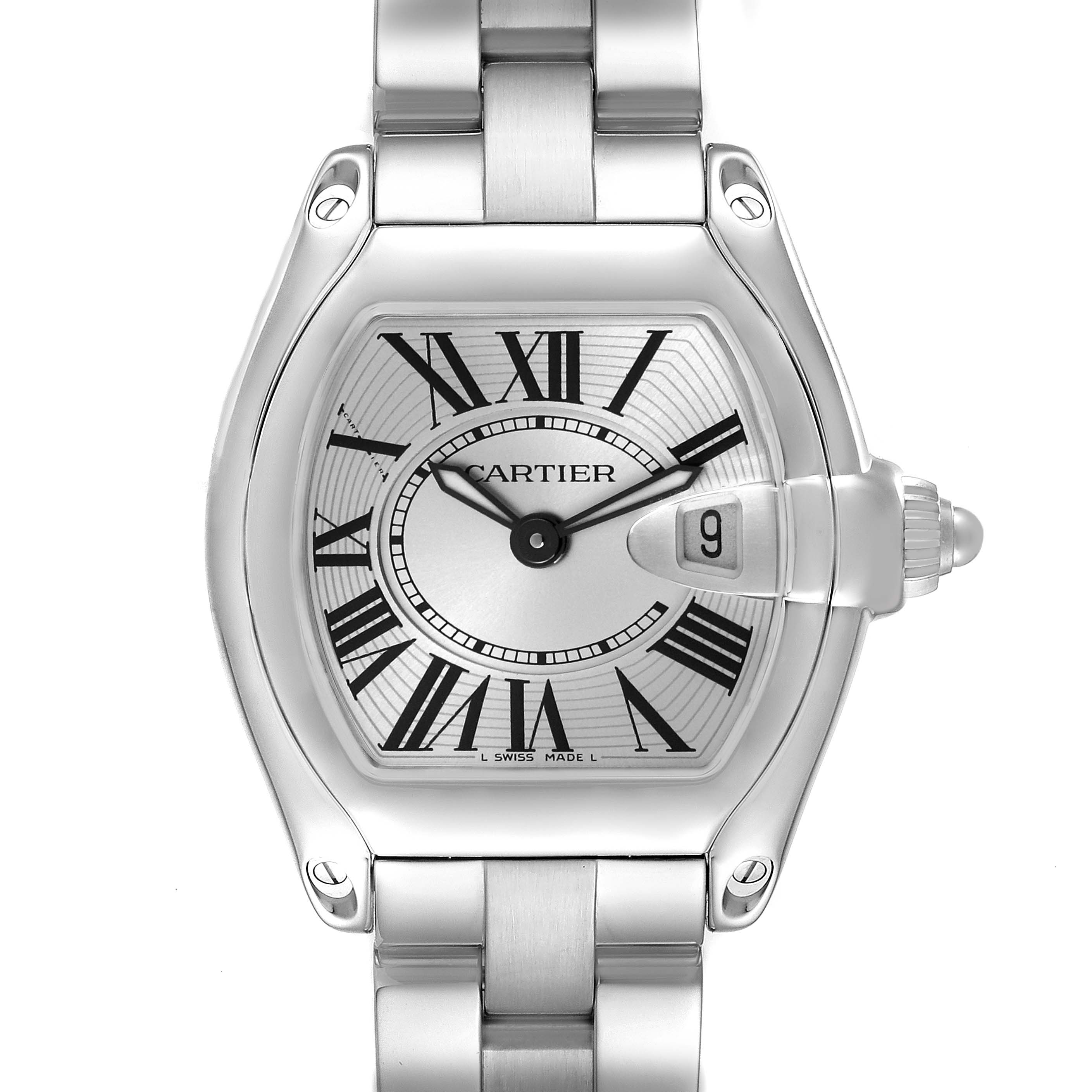 The Cartier Roadster W62016V3 Women
s Stainless Steel Silver Dial W62016V3 Women
s Stainless Steel Silver Dial watch is shown from the front, highlighting the dial, case, and bracelet.