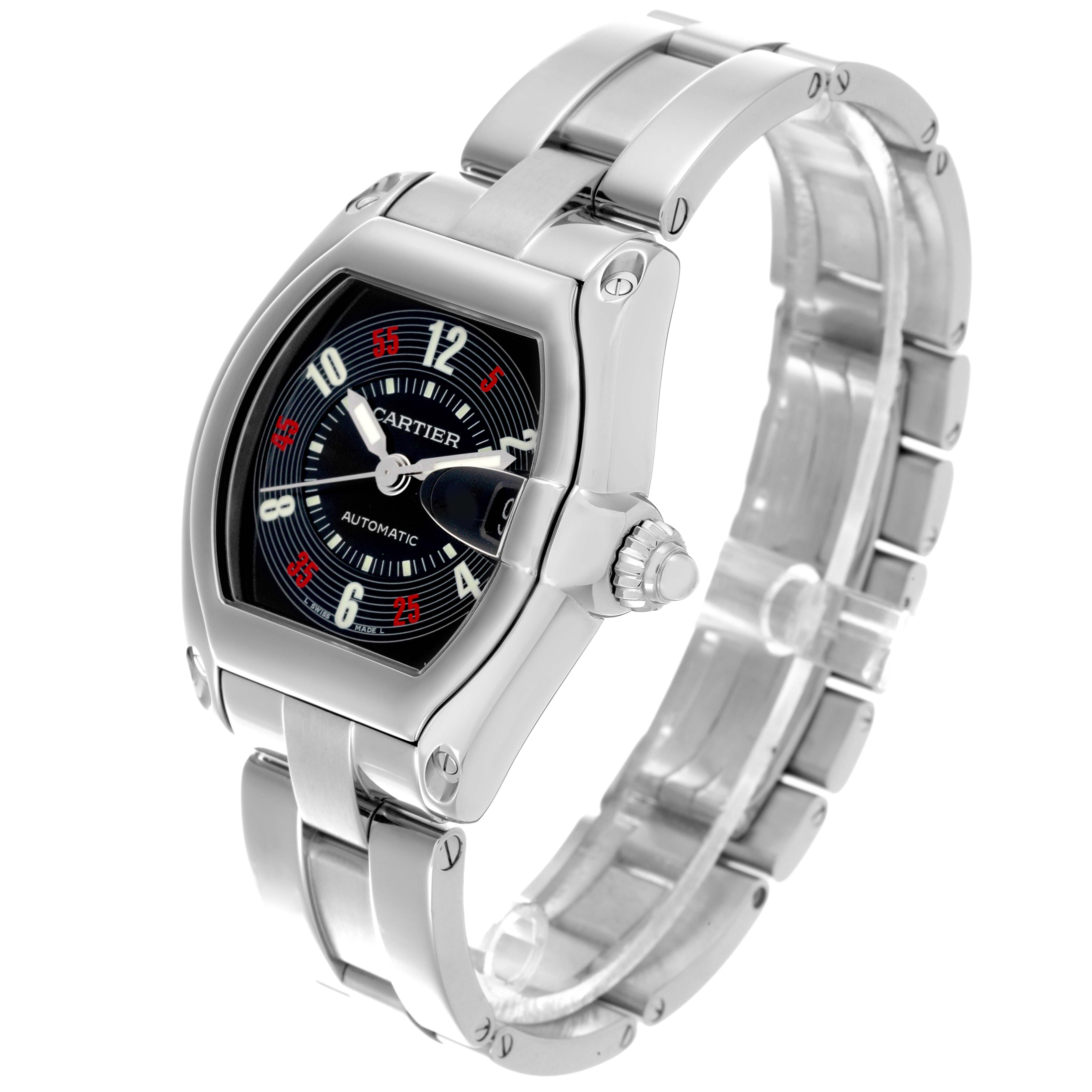 The Cartier Roadster W62002V3 Men's Stainless Steel Black Dial W62002V3 Men's Stainless Steel Black Dial watch is shown at an angle highlighting the dial, bezel, and metal bracelet.