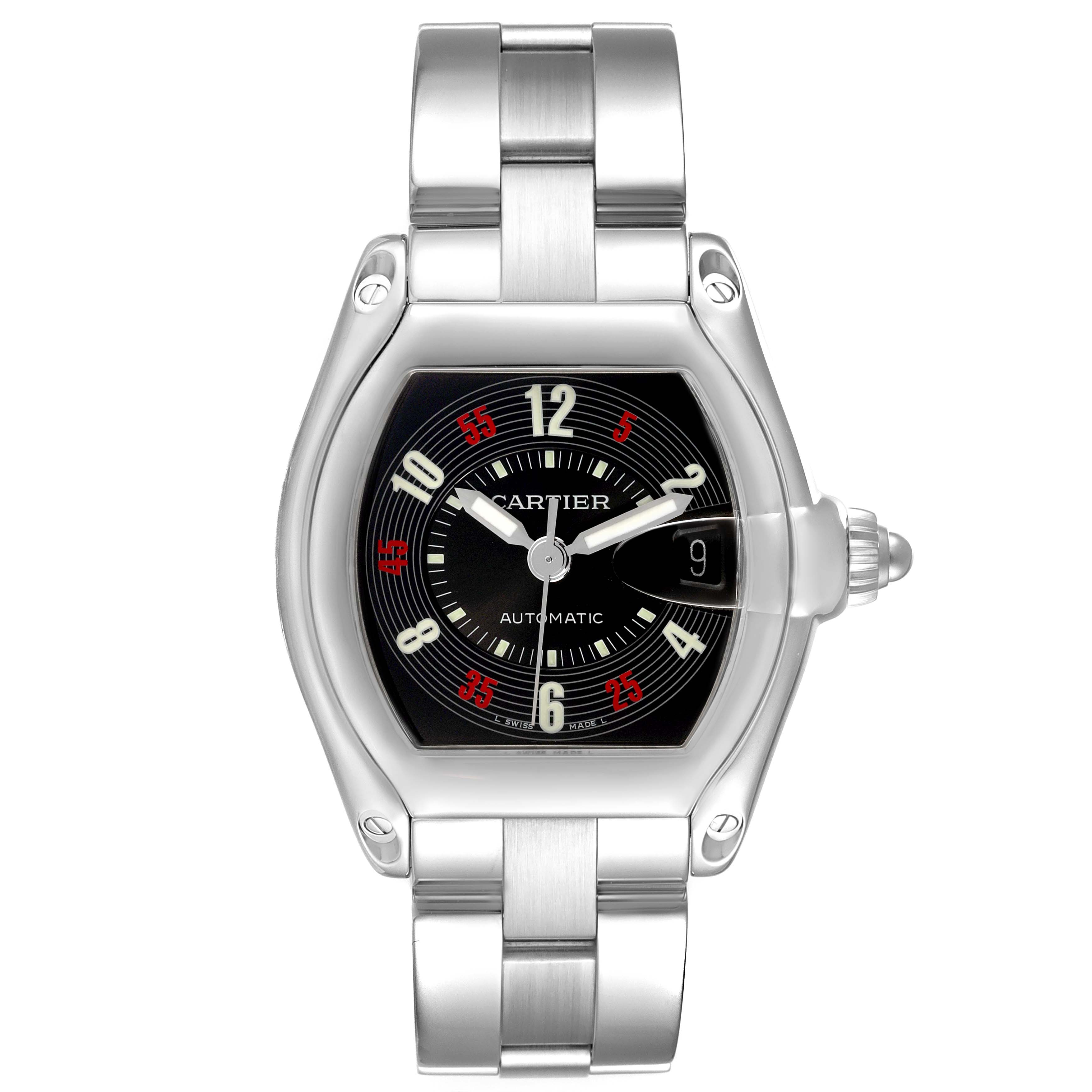 The Cartier Roadster W62002V3 Men's Stainless Steel Black Dial W62002V3 Men's Stainless Steel Black Dial watch is shown from the front, displaying the face, dial, and part of the bracelet.