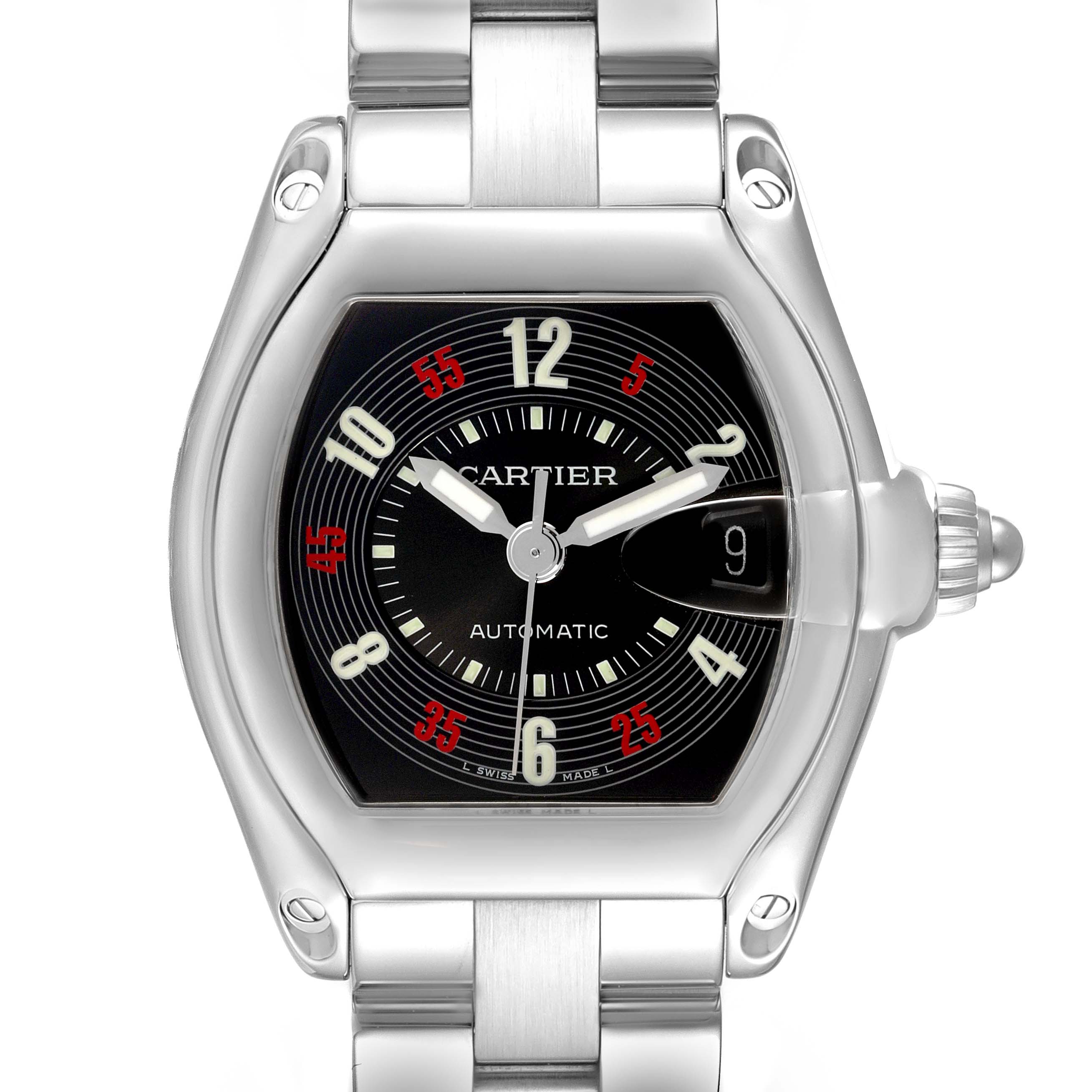 The Cartier Roadster W62002V3 Men's Stainless Steel Black Dial W62002V3 Men's Stainless Steel Black Dial watch is shown from a front angle, highlighting its dial, case, and bracelet.