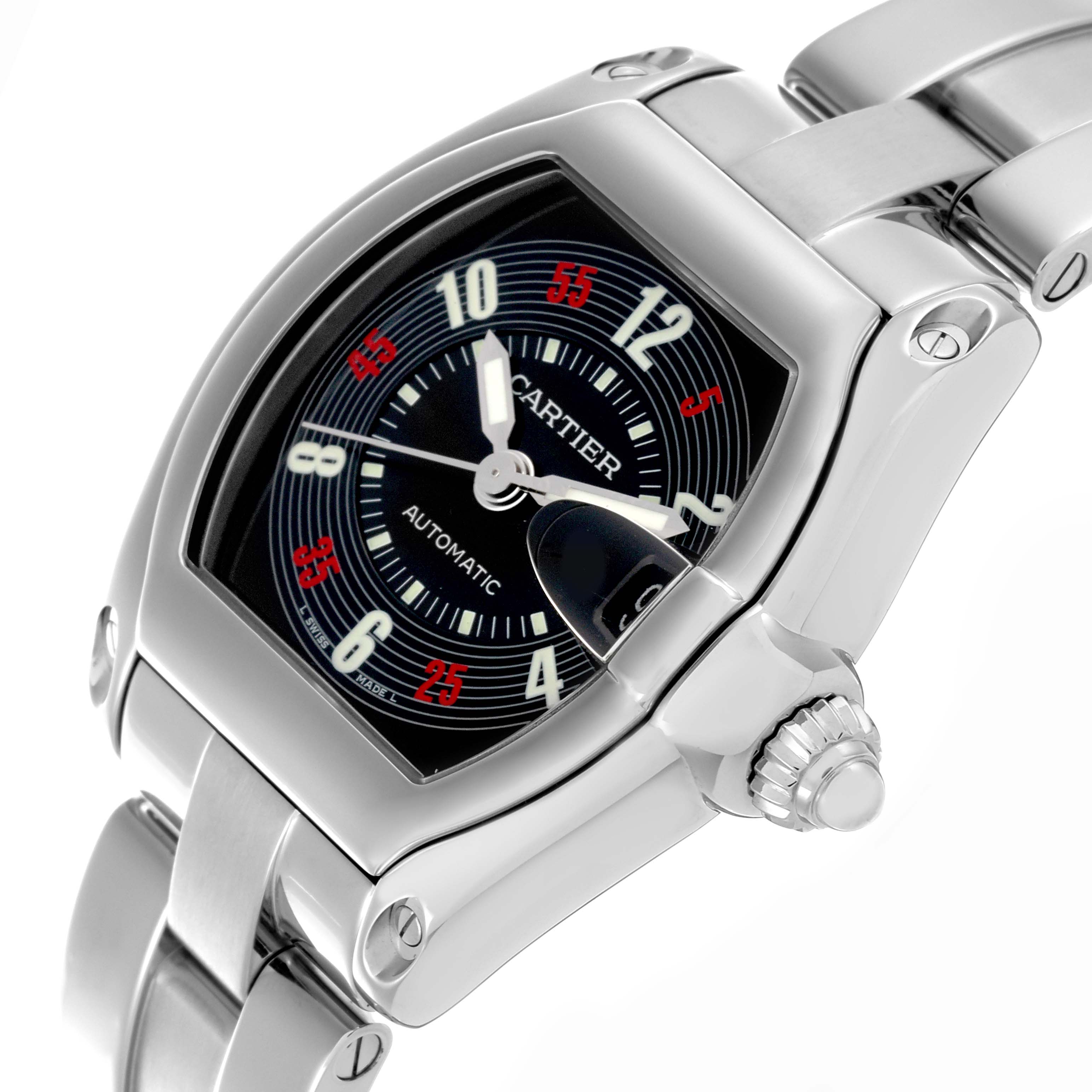 The Cartier Roadster W62002V3 Men's Stainless Steel Black Dial W62002V3 Men's Stainless Steel Black Dial watch is shown at an angled view, highlighting the face, crown, and part of the bracelet.