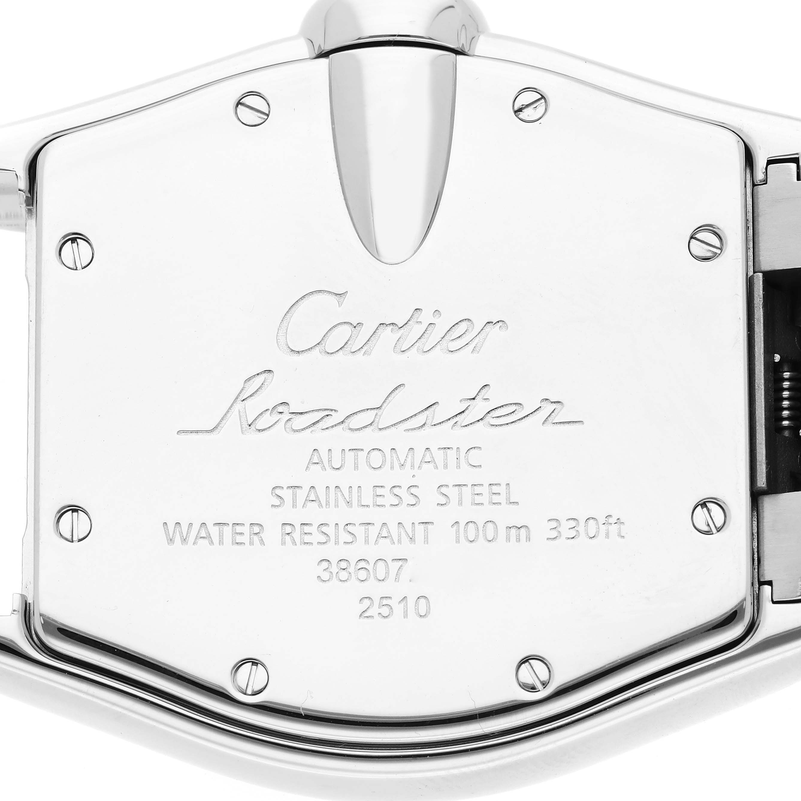 The image shows the back of a Cartier Roadster W62002V3 Men's Stainless Steel Black Dial W62002V3 Men's Stainless Steel Black Dial watch, highlighting its engravings and screws.