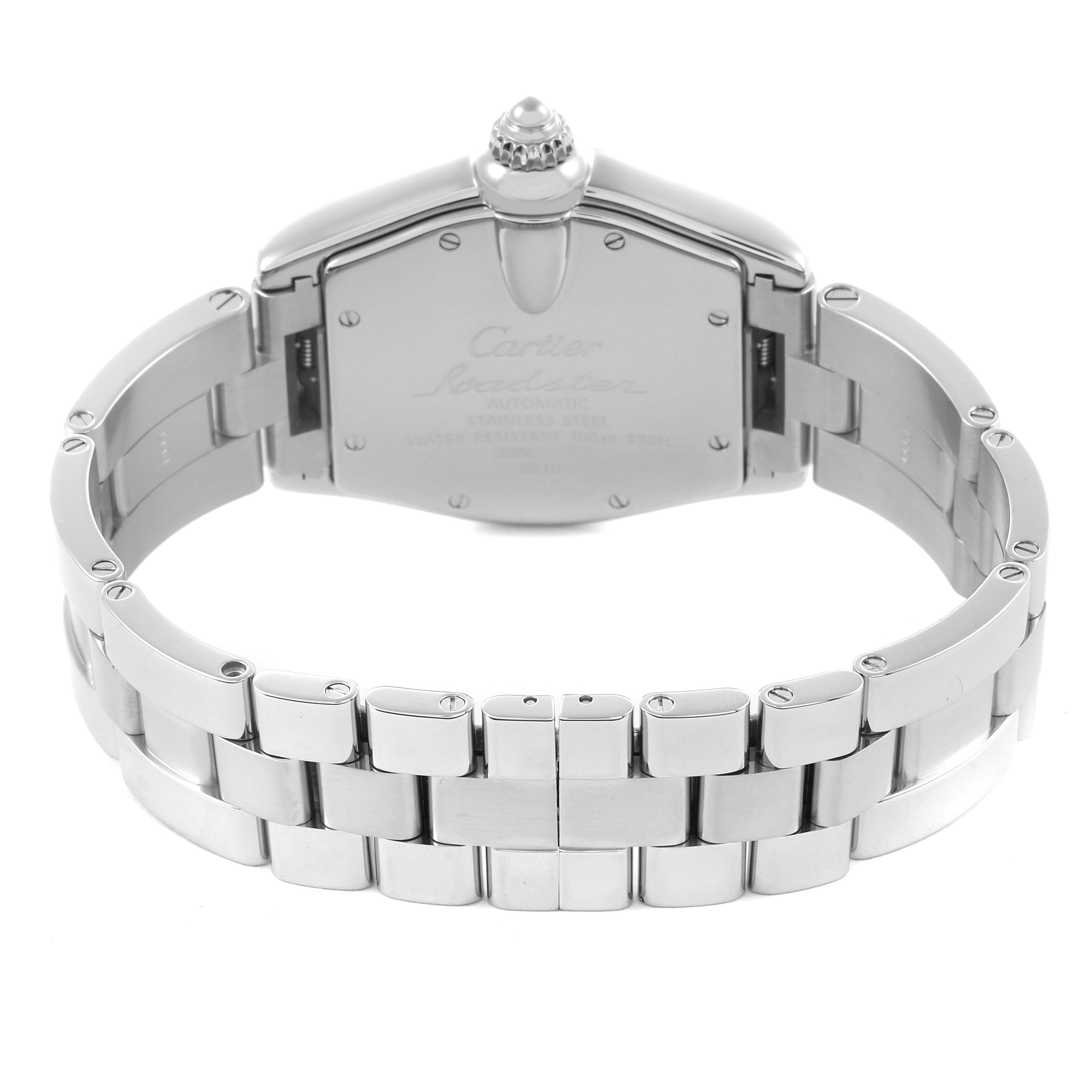 The Cartier Roadster W62002V3 Men's Stainless Steel Black Dial W62002V3 Men's Stainless Steel Black Dial watch is shown from the back, highlighting the case back and stainless steel bracelet.