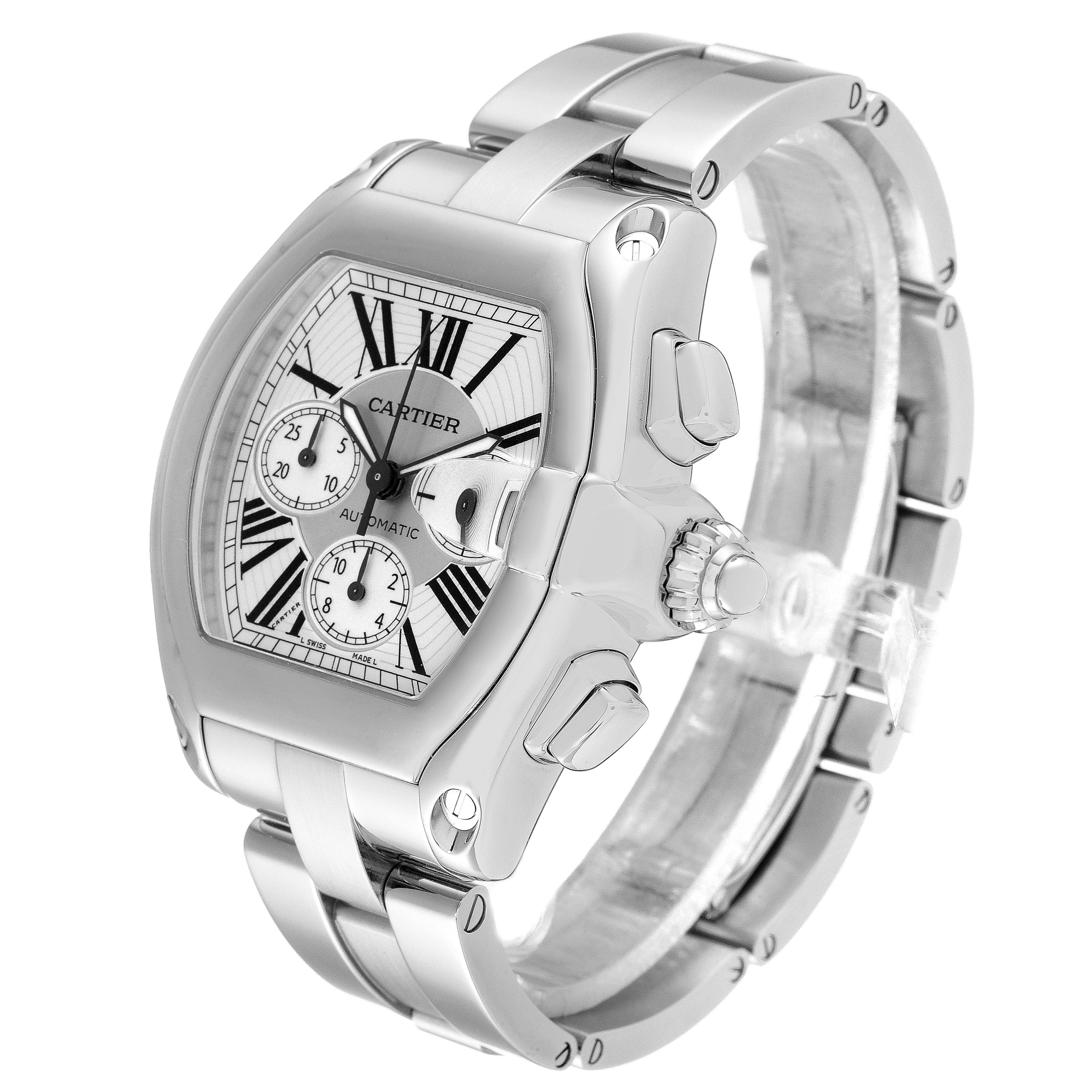 The image shows a silver Cartier Roadster W62019X6 Men's Stainless Steel Silver Dial W62019X6 Men's Stainless Steel Silver Dial watch at an angled view, detailing its face, crown, and metal bracelet.