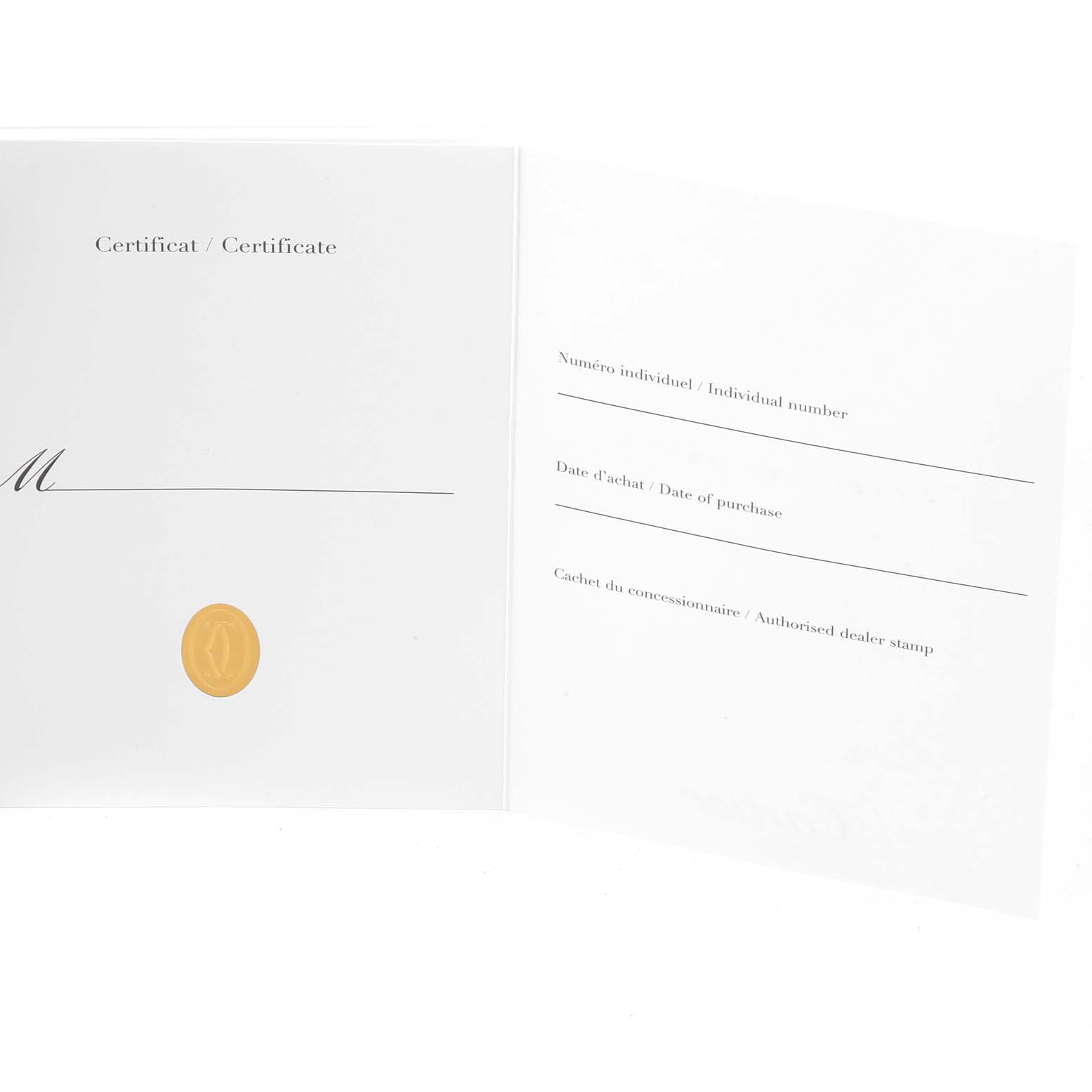 This image shows an open certificate for the Cartier Roadster W62019X6 Men's Stainless Steel Silver Dial W62019X6 Men's Stainless Steel Silver Dial model watch, displaying fields for details like purchase date and dealer stamp.