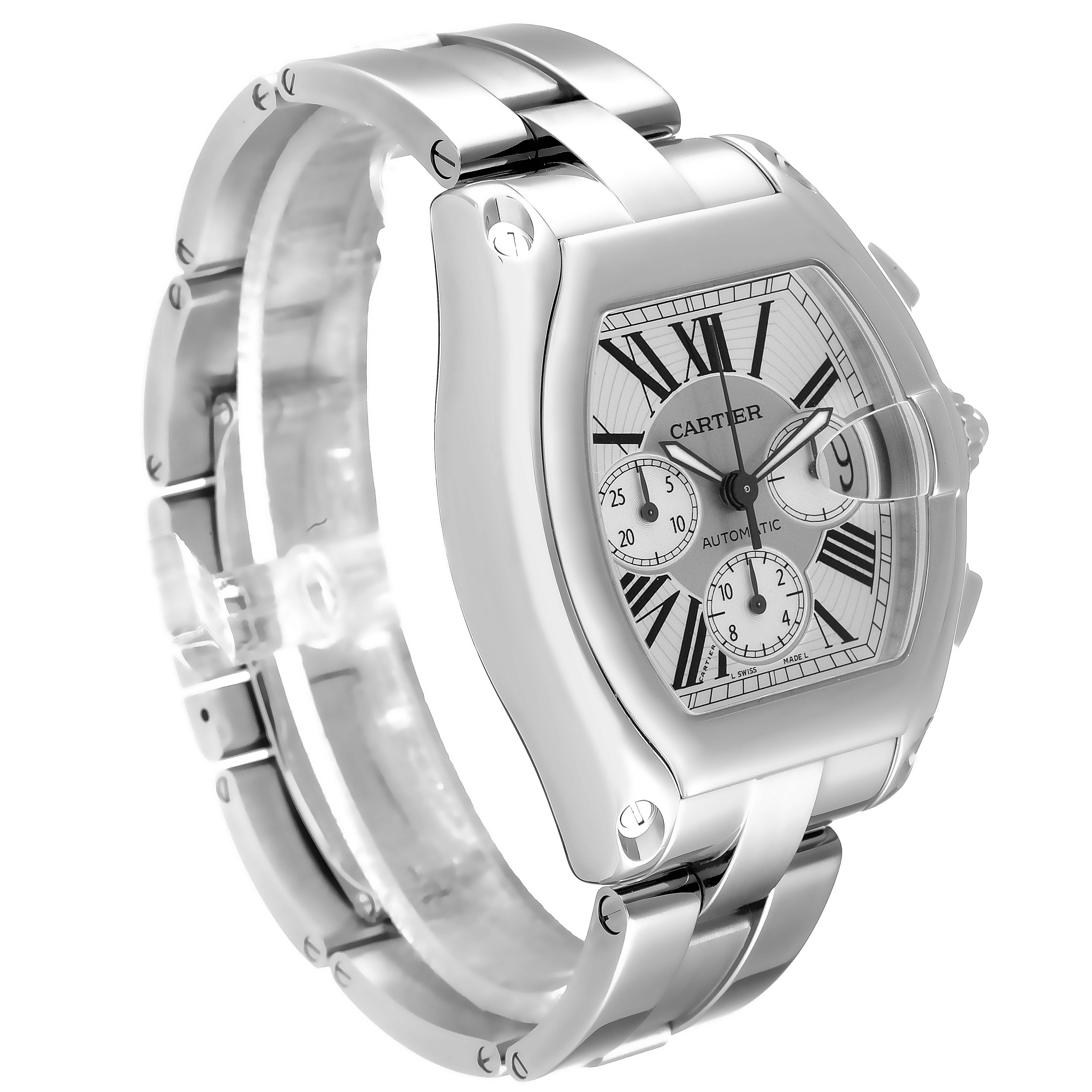 The image shows a close-up side-angle view of the Cartier Roadster W62019X6 Men's Stainless Steel Silver Dial W62019X6 Men's Stainless Steel Silver Dial watch, featuring its face, bezel, and bracelet.