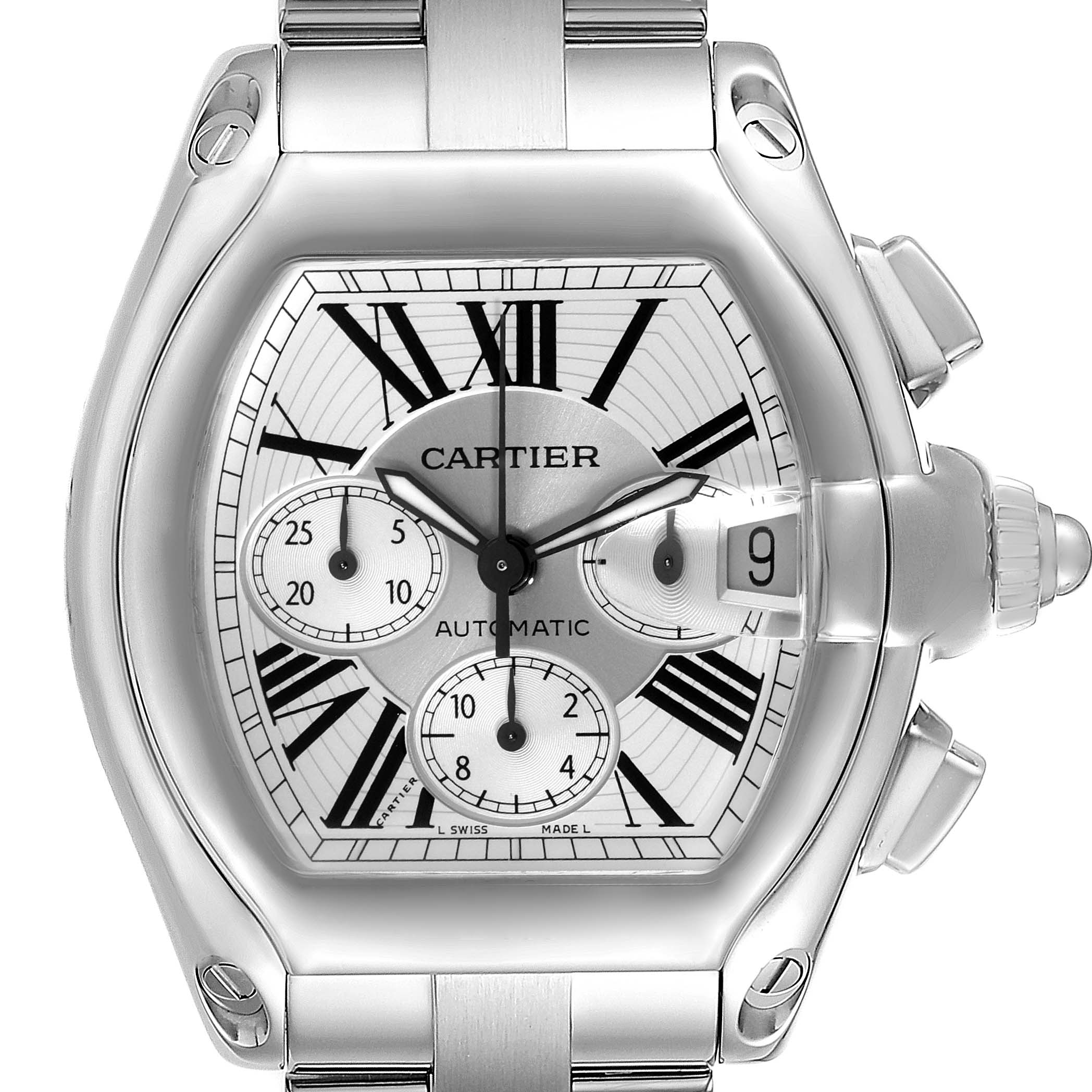 This image shows a frontal view of the Cartier Roadster W62019X6 Men's Stainless Steel Silver Dial W62019X6 Men's Stainless Steel Silver Dial watch, highlighting its dial, hands, chronographs, date window, and part of the bracelet.