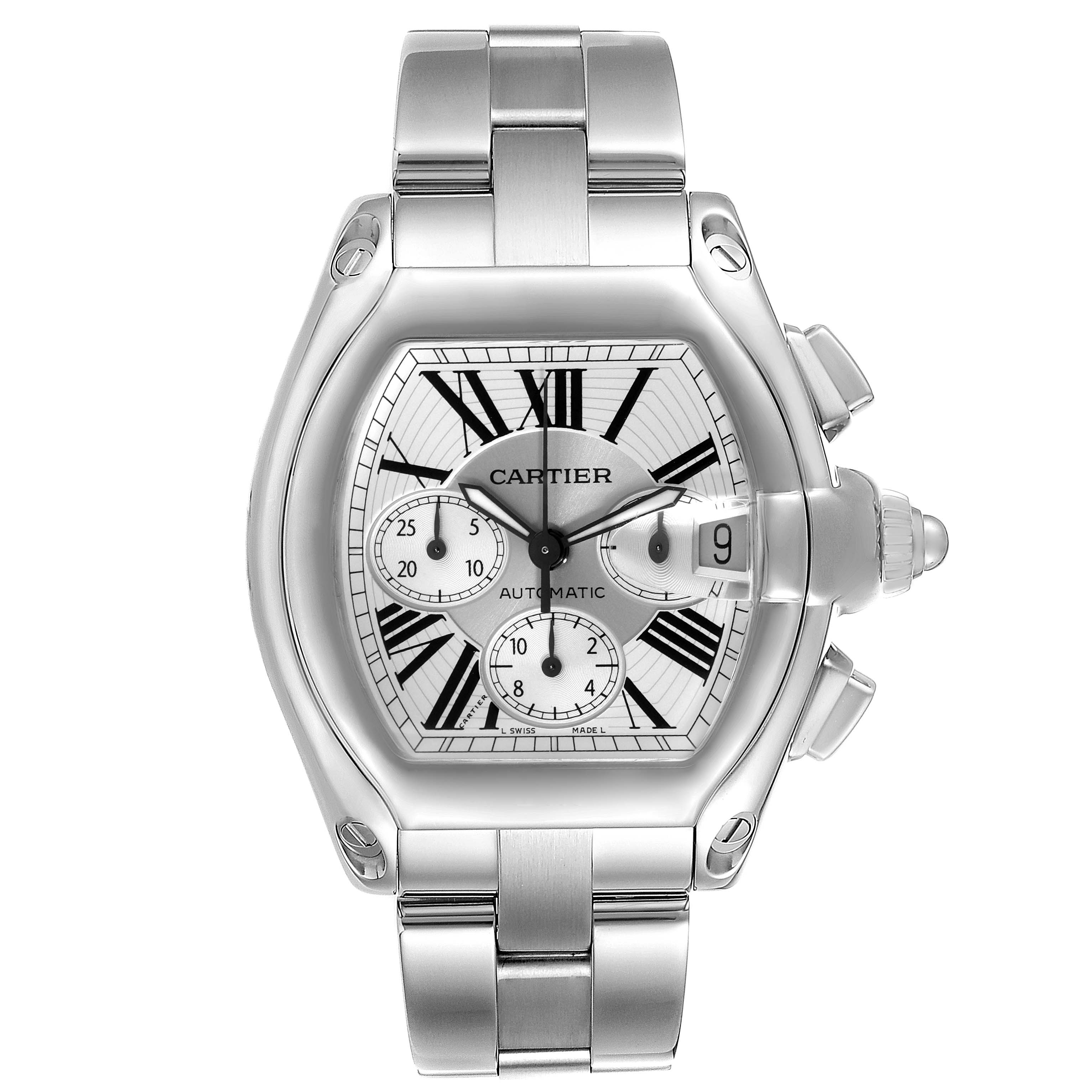 The image shows a frontal view of the Cartier Roadster W62019X6 Men's Stainless Steel Silver Dial W62019X6 Men's Stainless Steel Silver Dial watch, highlighting its face, dial, and bracelet.