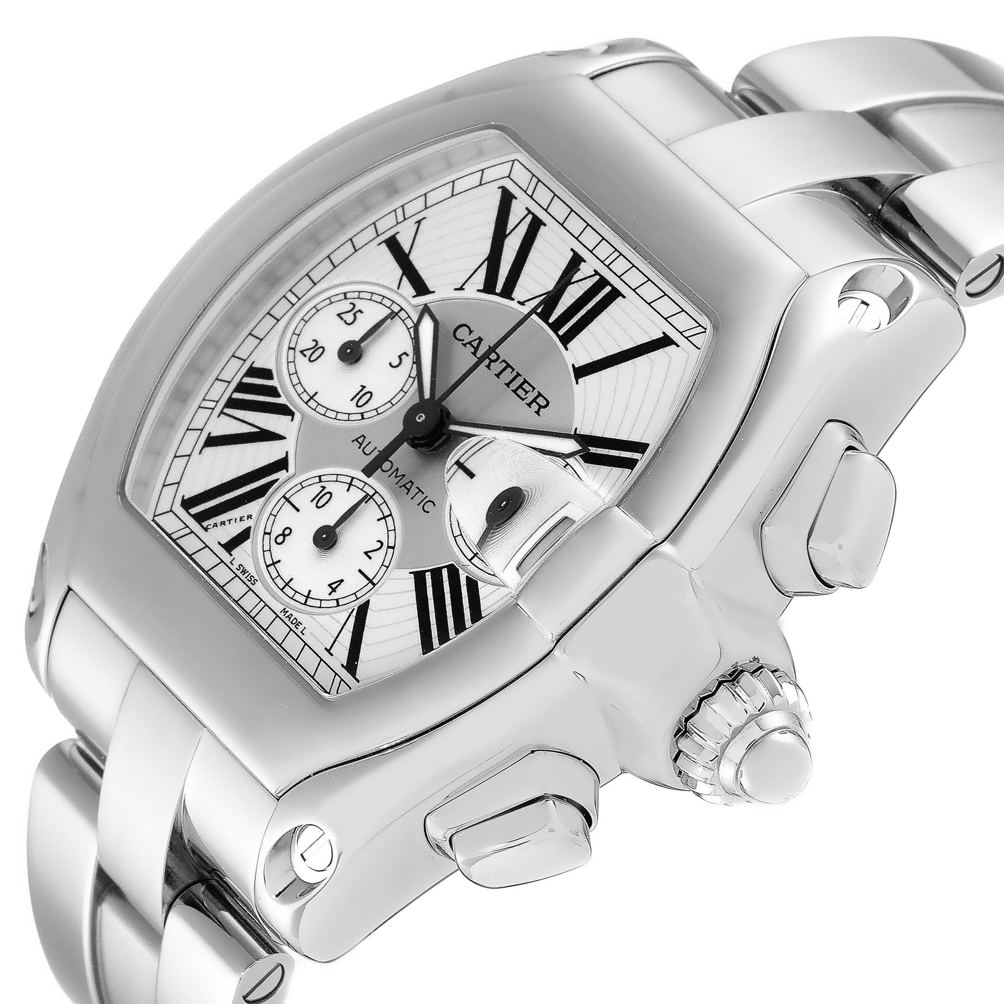 This image shows a close-up angle of the Cartier Roadster W62019X6 Men's Stainless Steel Silver Dial W62019X6 Men's Stainless Steel Silver Dial watch, displaying its face, crown, and pushers.