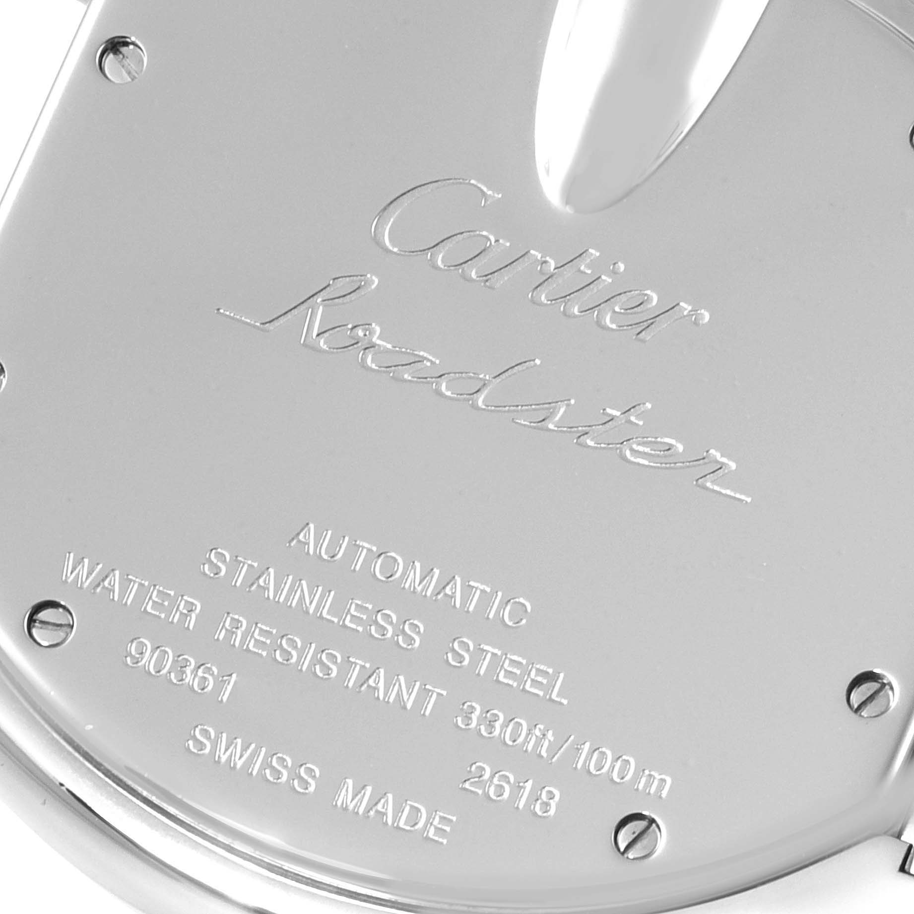 This image shows the back cover of a Cartier Roadster W62019X6 Men's Stainless Steel Silver Dial W62019X6 Men's Stainless Steel Silver Dial watch, highlighting its engravings and specifications.