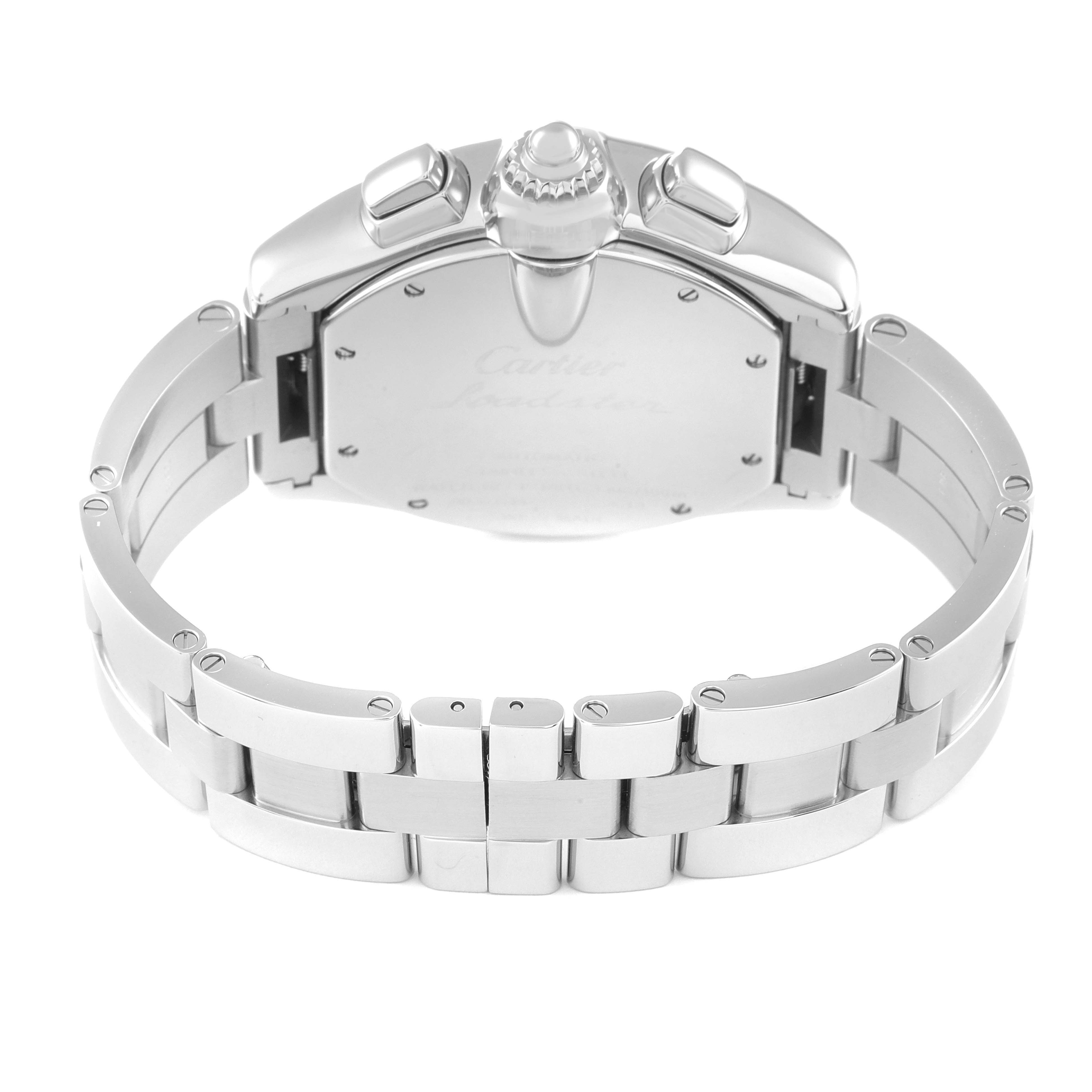 The image shows the back and bracelet of the Cartier Roadster W62019X6 Men's Stainless Steel Silver Dial W62019X6 Men's Stainless Steel Silver Dial watch from a slightly angled rear view.